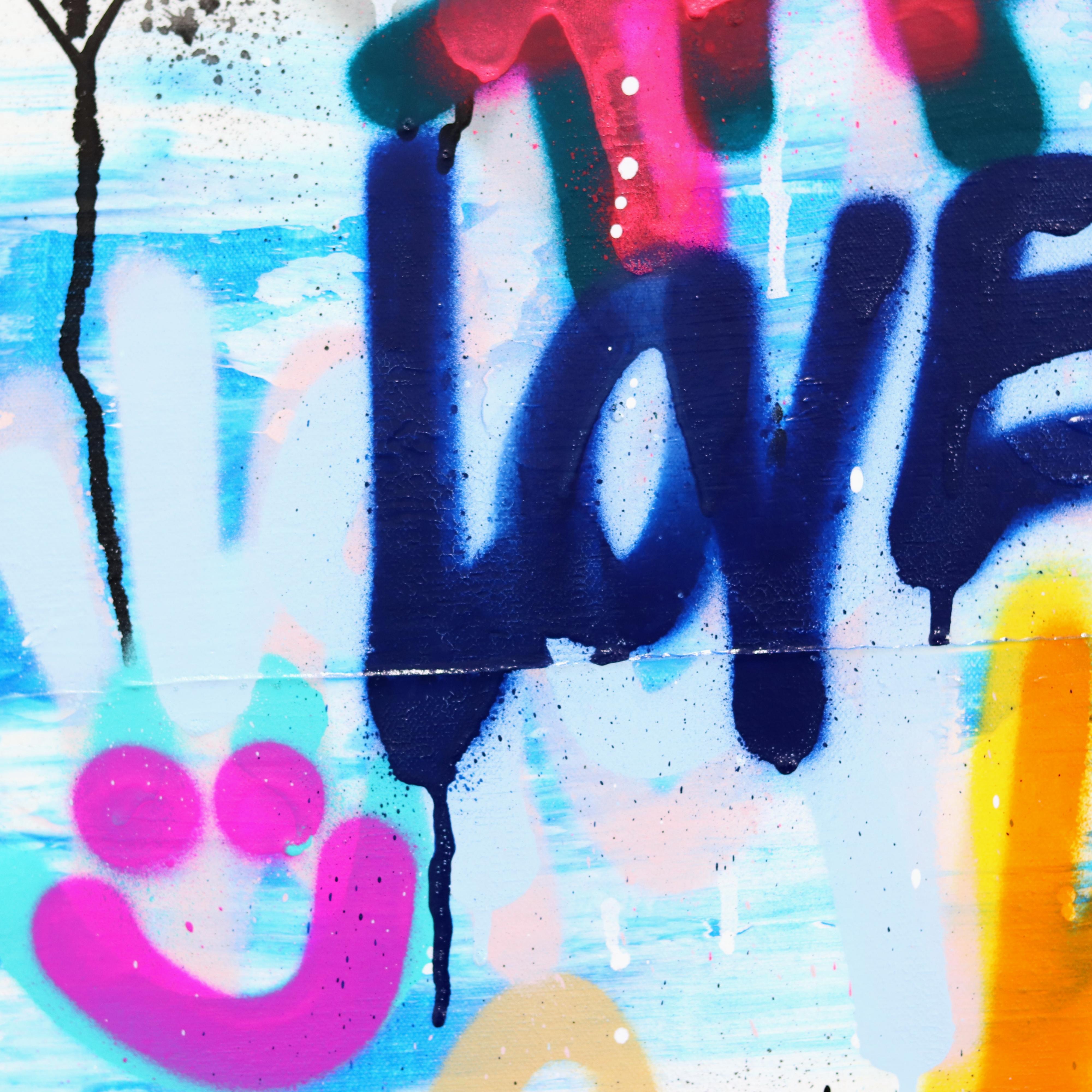 Pop Culture Love Affair - Large Original Colorful Blue Family Peace Word Art  For Sale 5