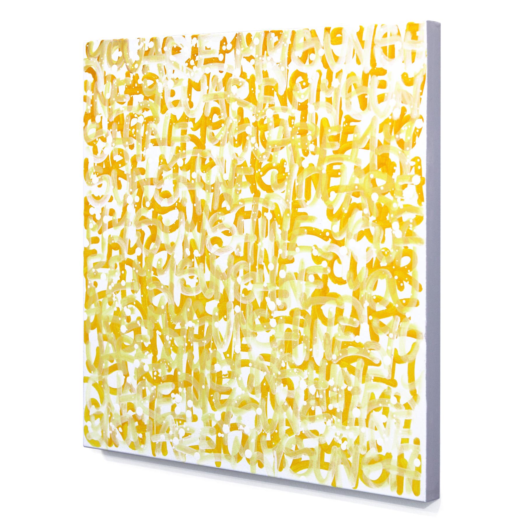 Sunshine Everyday - Originale opera d'arte astratta con testo giallo e graffiti pop in vendita 1