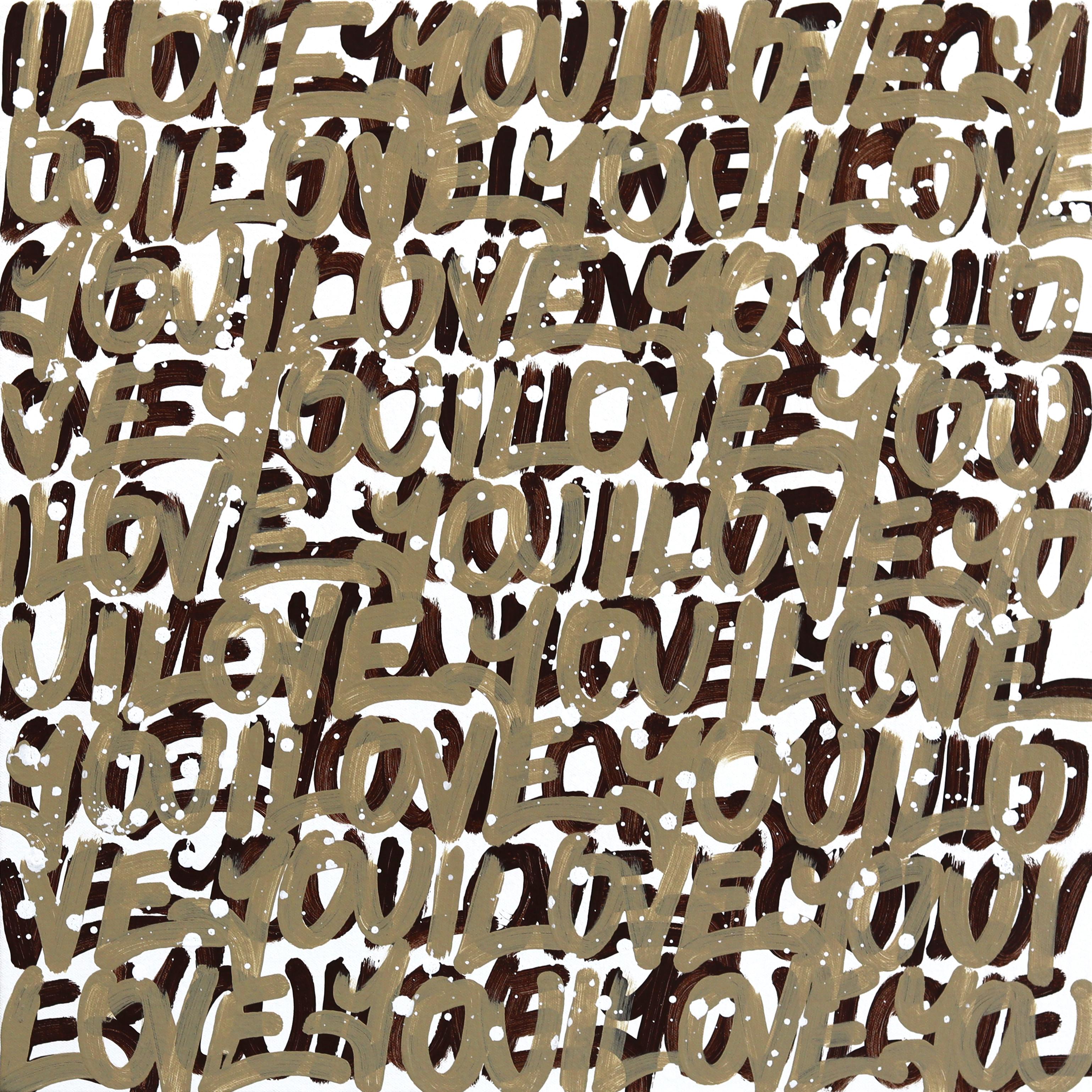 Taupie - Abstract Gold 'I LOVE YOU' Graffiti Mixed Media Painting on Canvas