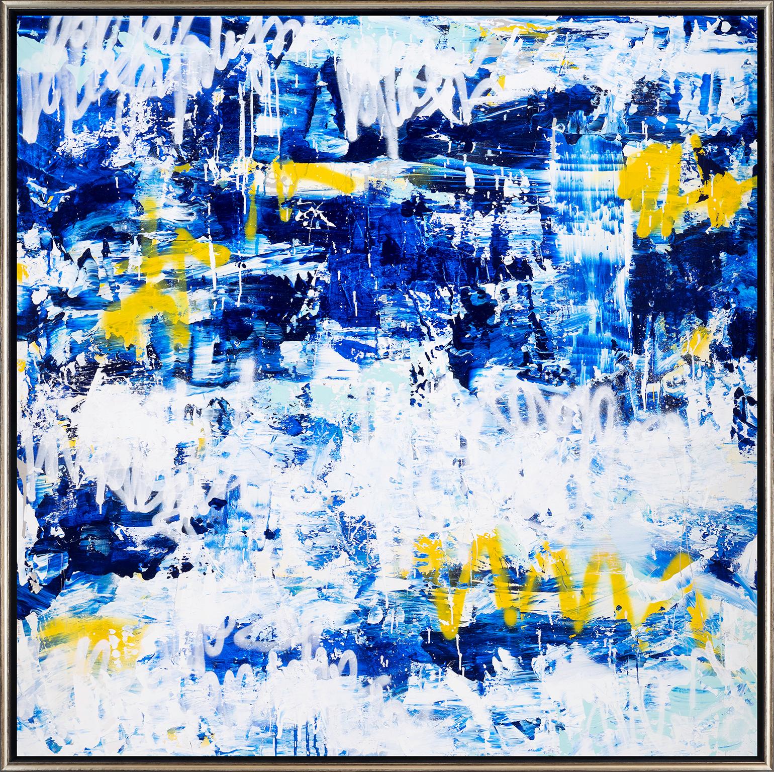Amber Goldhammer Abstract Painting - "The Love Crusade" Framed Abstract Mixed Media on Canvas Painting in Blues