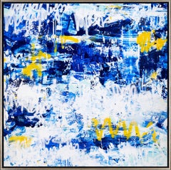 Peinture abstraite sur toile « The Love Crusade » encadrée, technique mixte en bleu