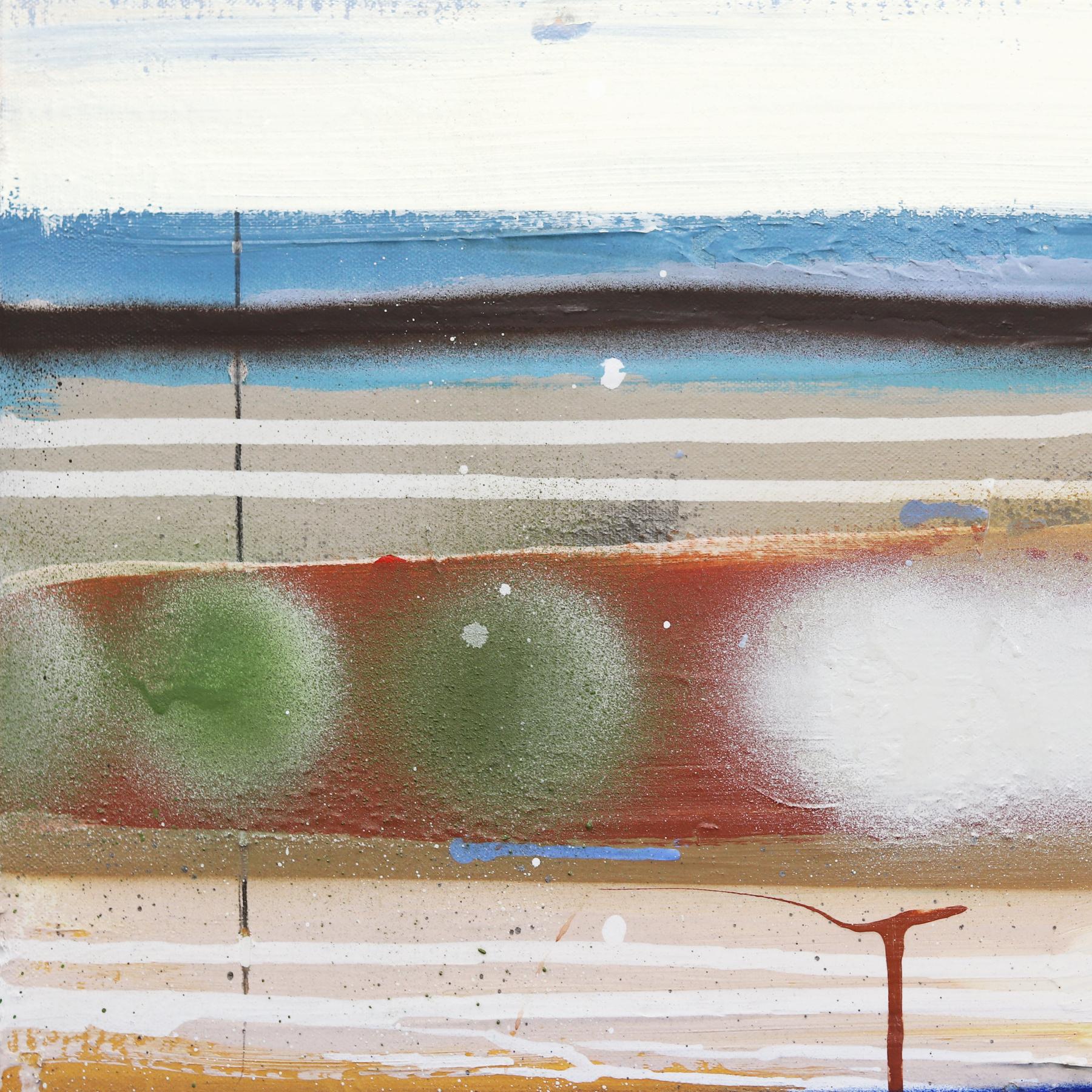 The Mood is Set, de Amber Goldhammer, es un atrevido y dinámico cuadro abstracto de 36 pulgadas de alto por 60 de ancho, inspirado en un graffiti, que muestra su característica estratificación de tonos suaves y un toque urbano. Conocida por su uso