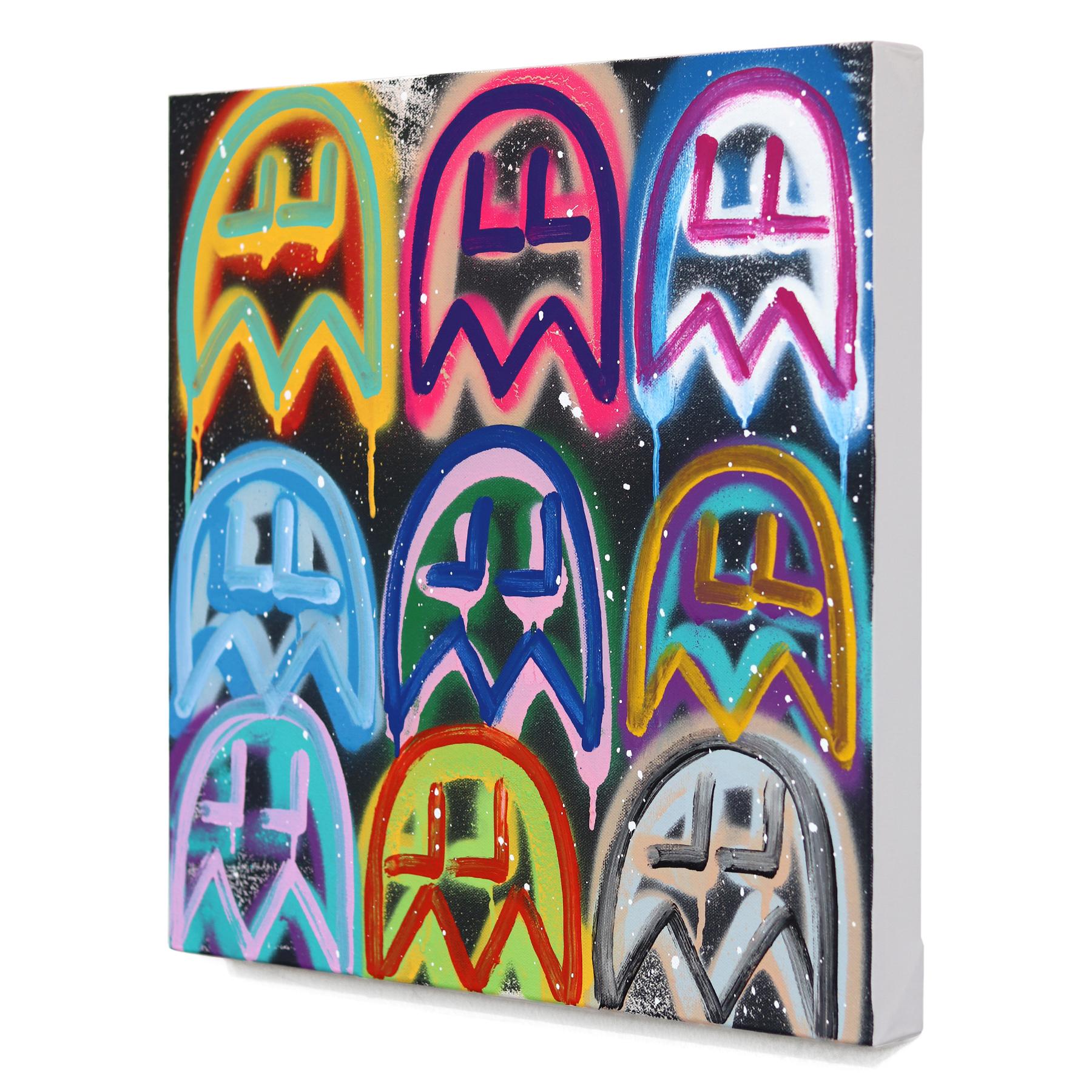 The Rockstars - Buntes Pacman inspiriertes Graffiti Gemischte Medien Malerei auf Leinwand im Angebot 1