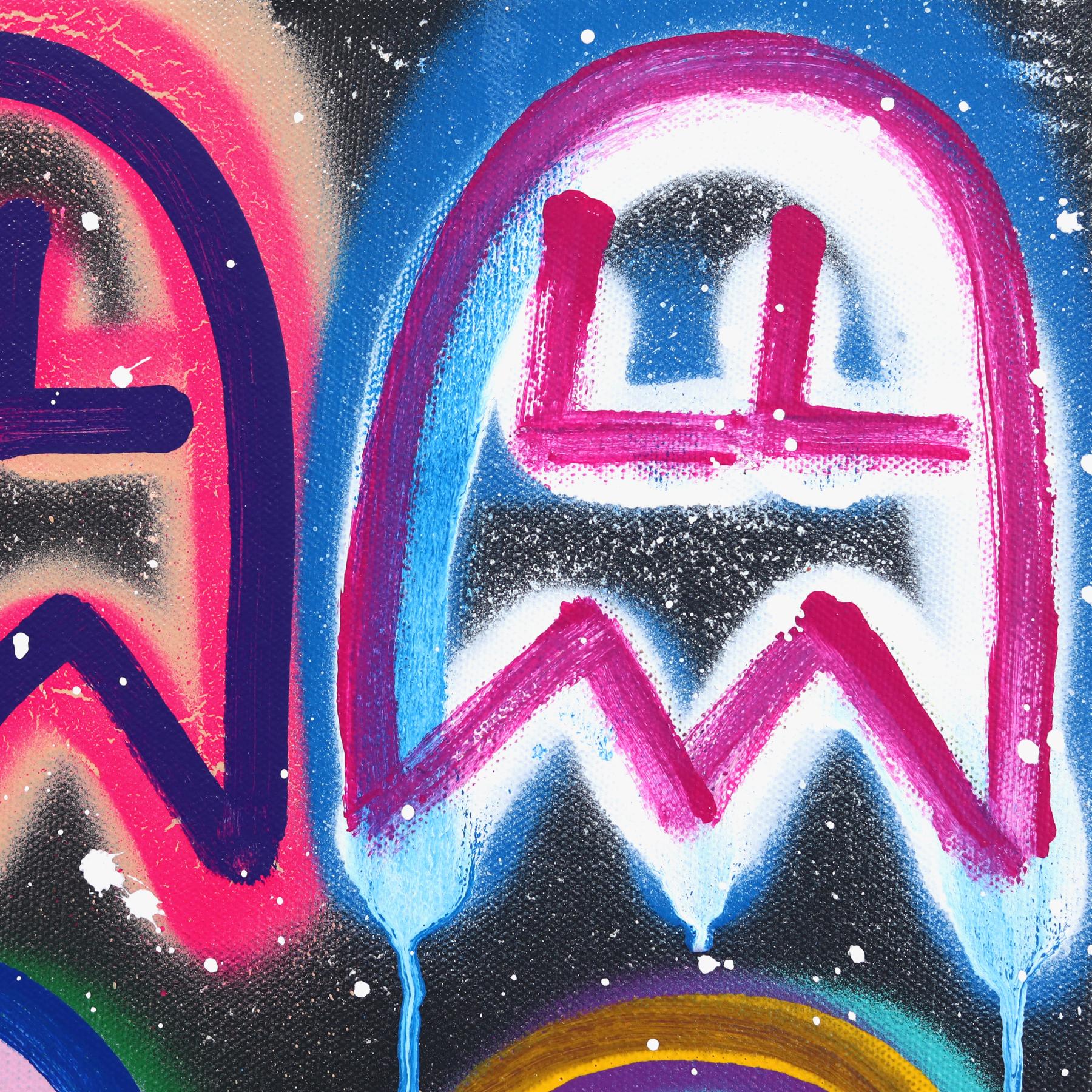 The Rockstars - Buntes Pacman inspiriertes Graffiti Gemischte Medien Malerei auf Leinwand im Angebot 2