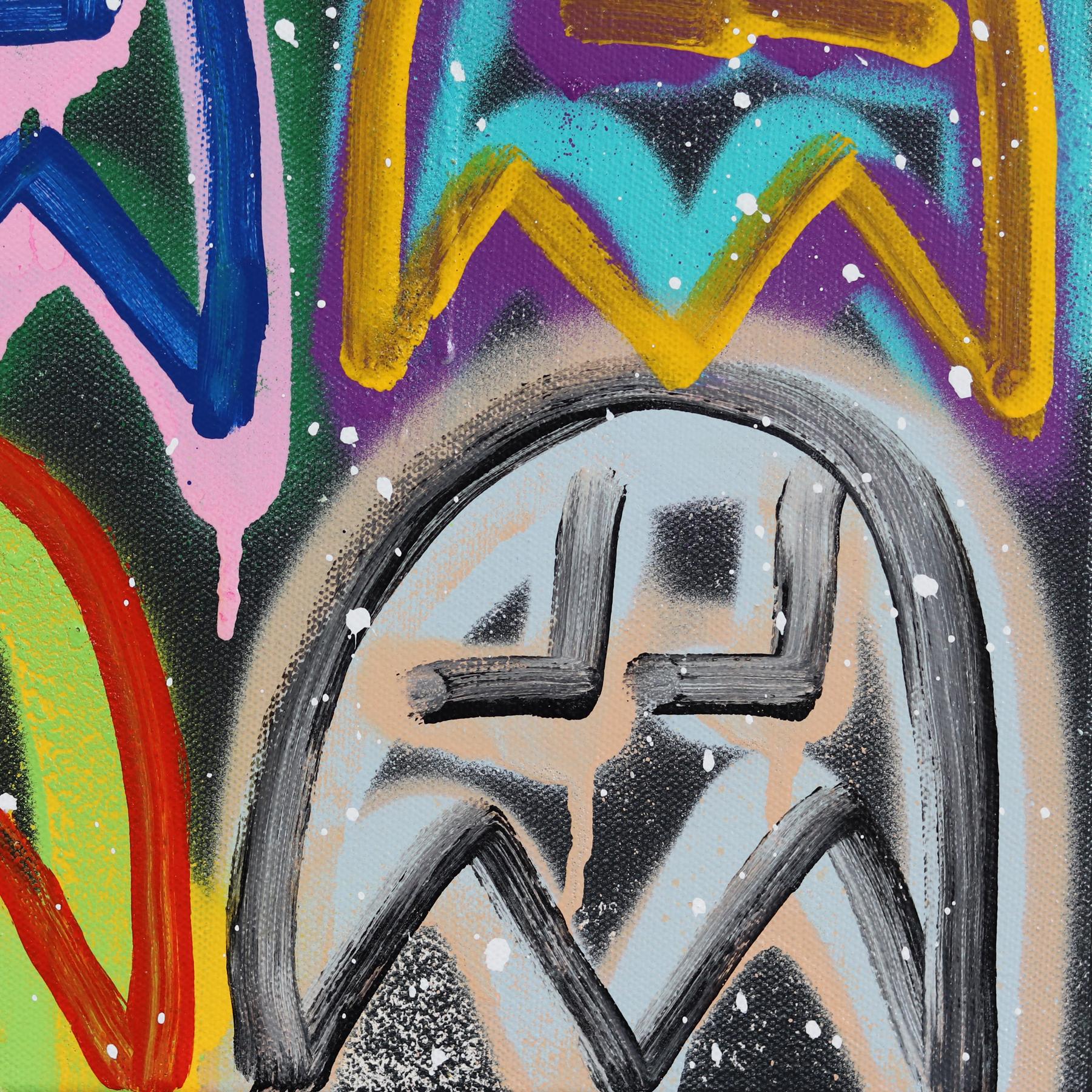The Rockstars - Buntes Pacman inspiriertes Graffiti Gemischte Medien Malerei auf Leinwand im Angebot 5