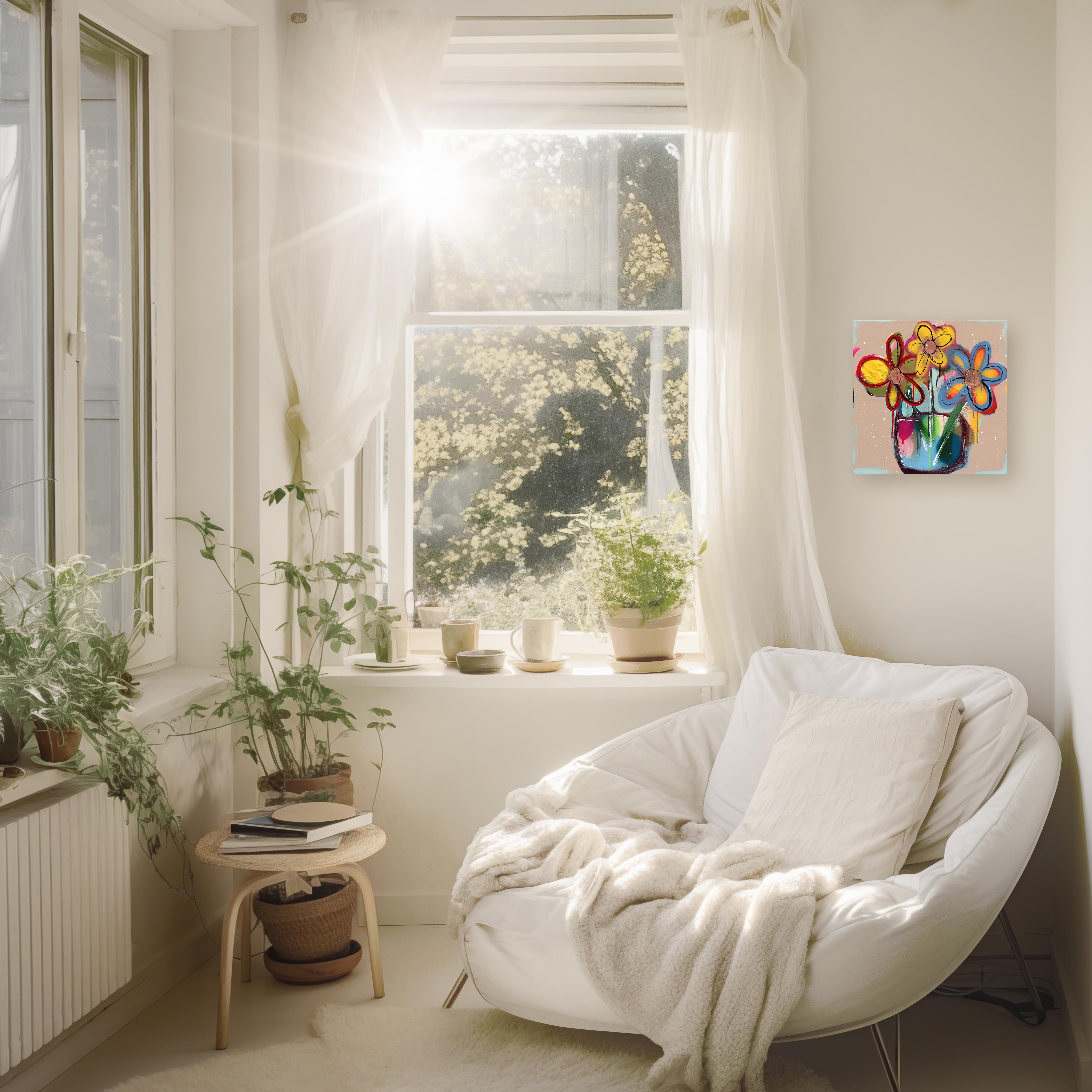 Durch das Fenster - Abstrakt Buntes Blumenstillleben Graffiti Pop Kunstwerk – Painting von Amber Goldhammer