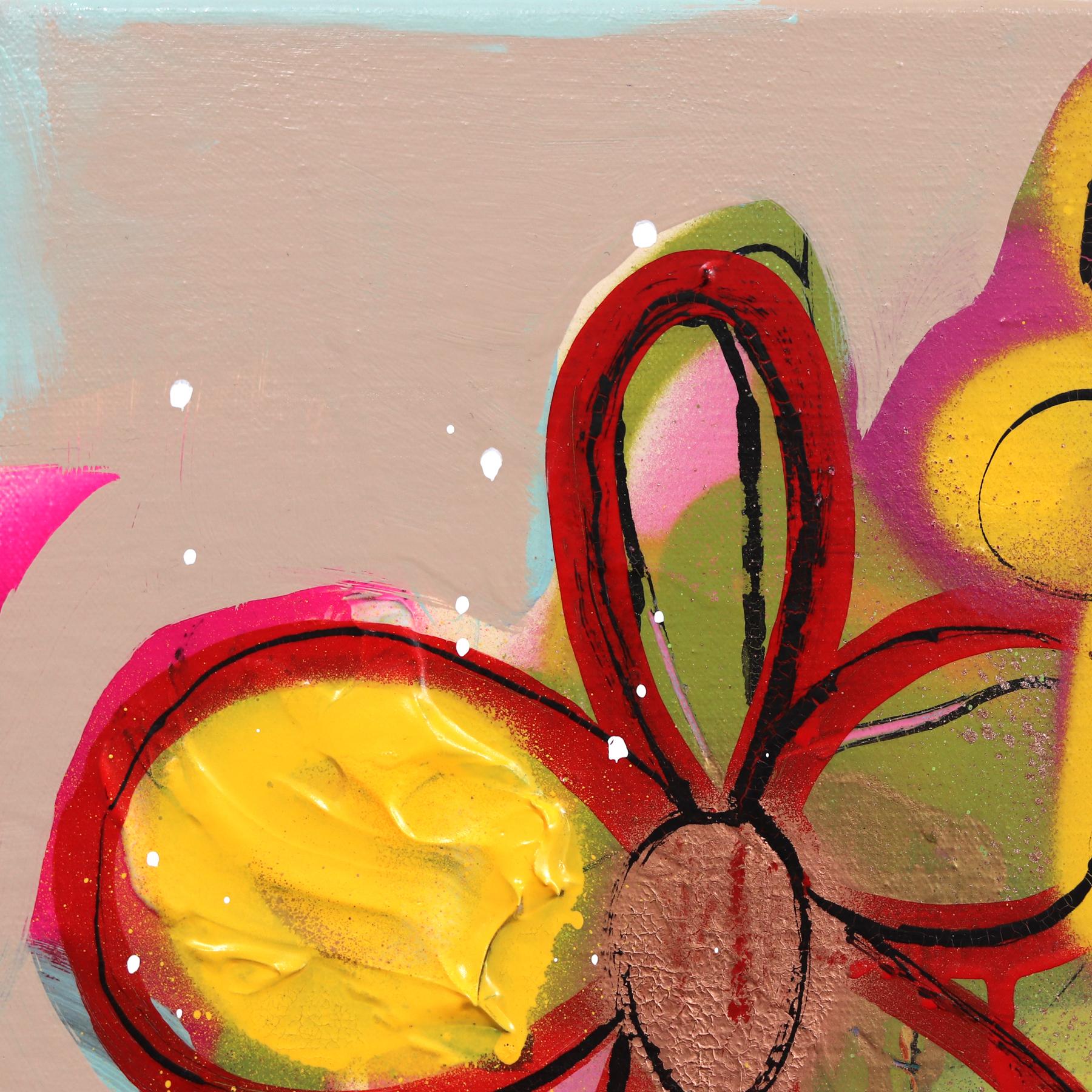 Durch das Fenster - Abstrakt Buntes Blumenstillleben Graffiti Pop Kunstwerk (Zeitgenössisch), Painting, von Amber Goldhammer