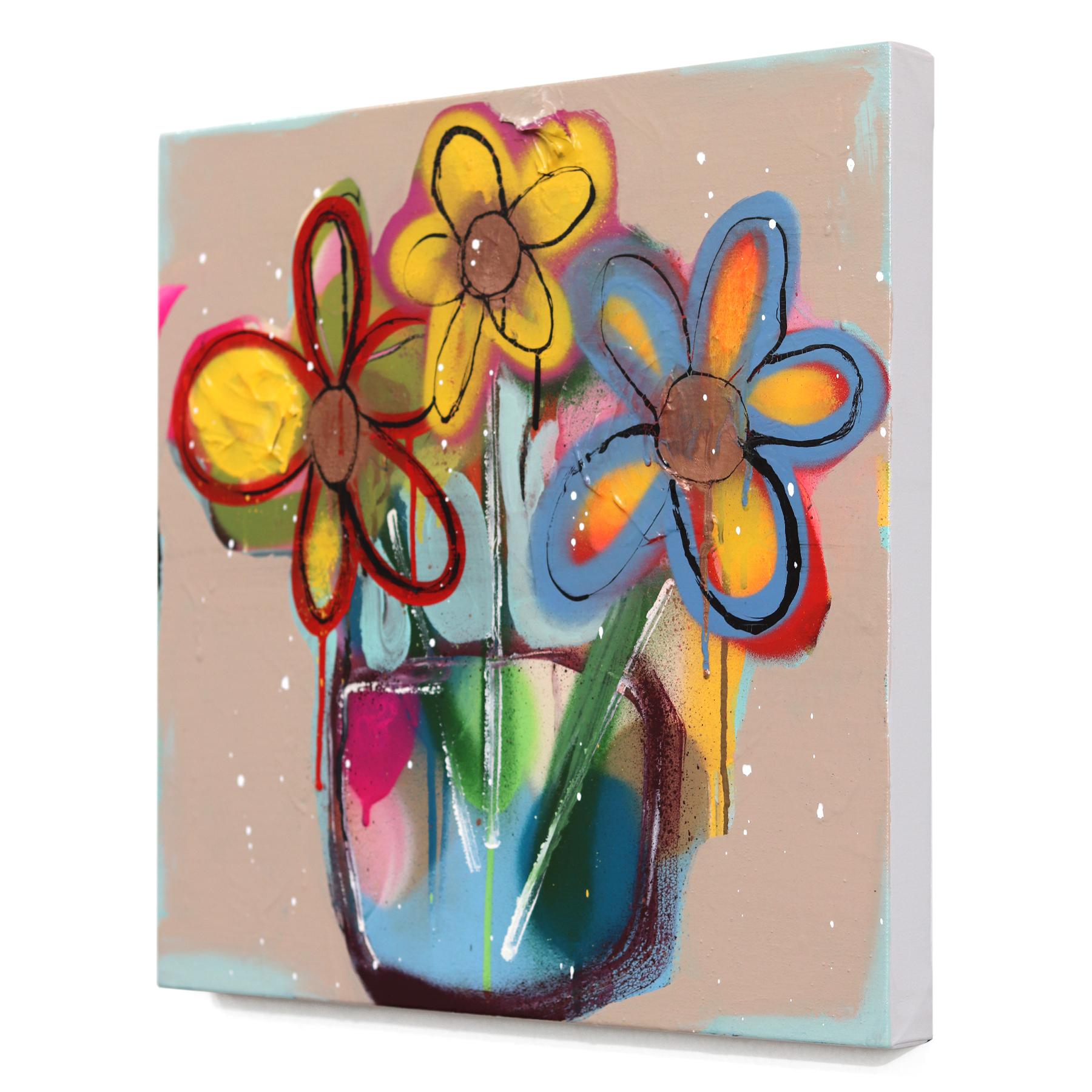 Durch das Fenster - Abstrakt Buntes Blumenstillleben Graffiti Pop Kunstwerk (Braun), Still-Life Painting, von Amber Goldhammer
