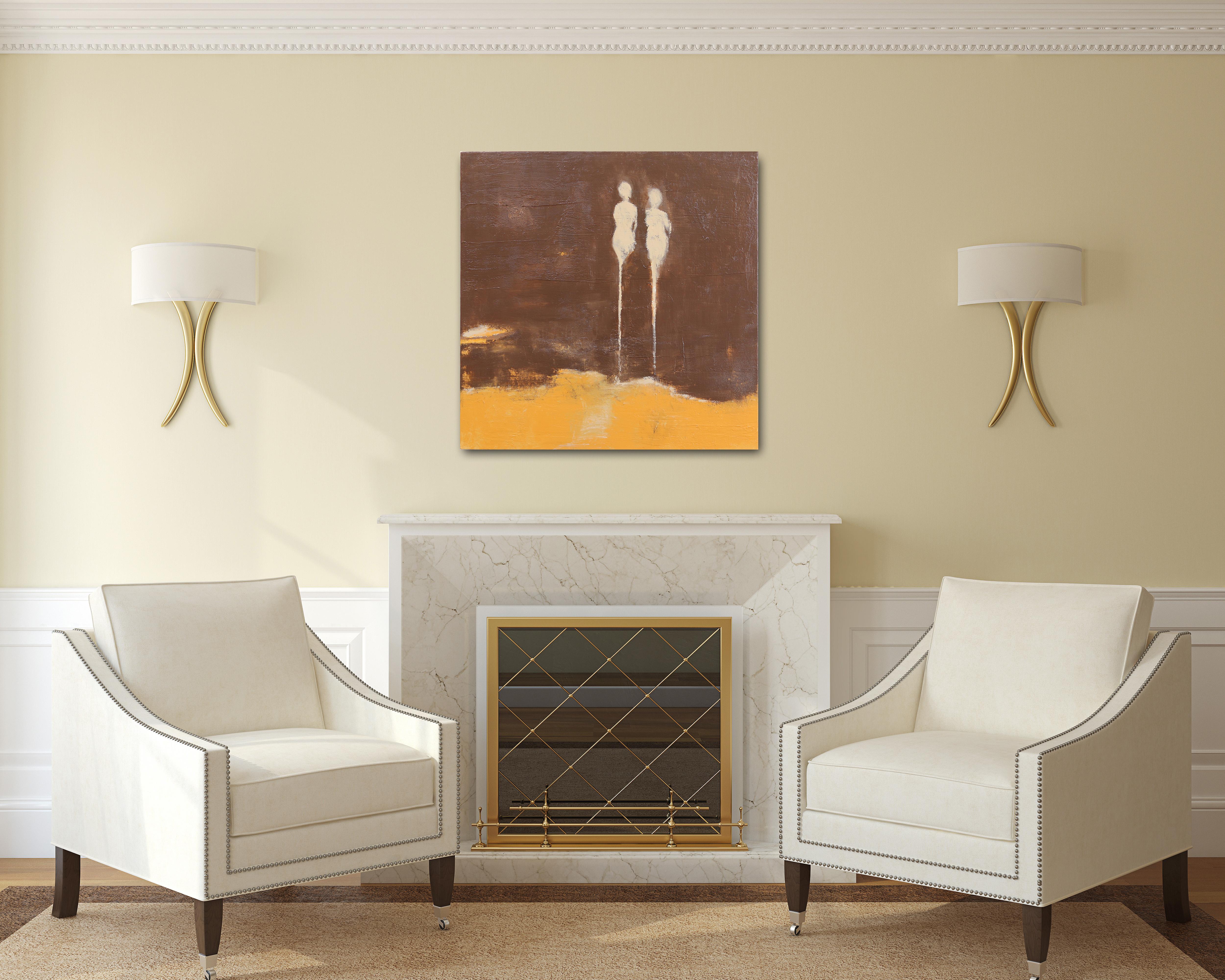 Watching The World Carry On - Abstract Brown Tone Figurative Mixed Media Art - Painting by Amber Goldhammer