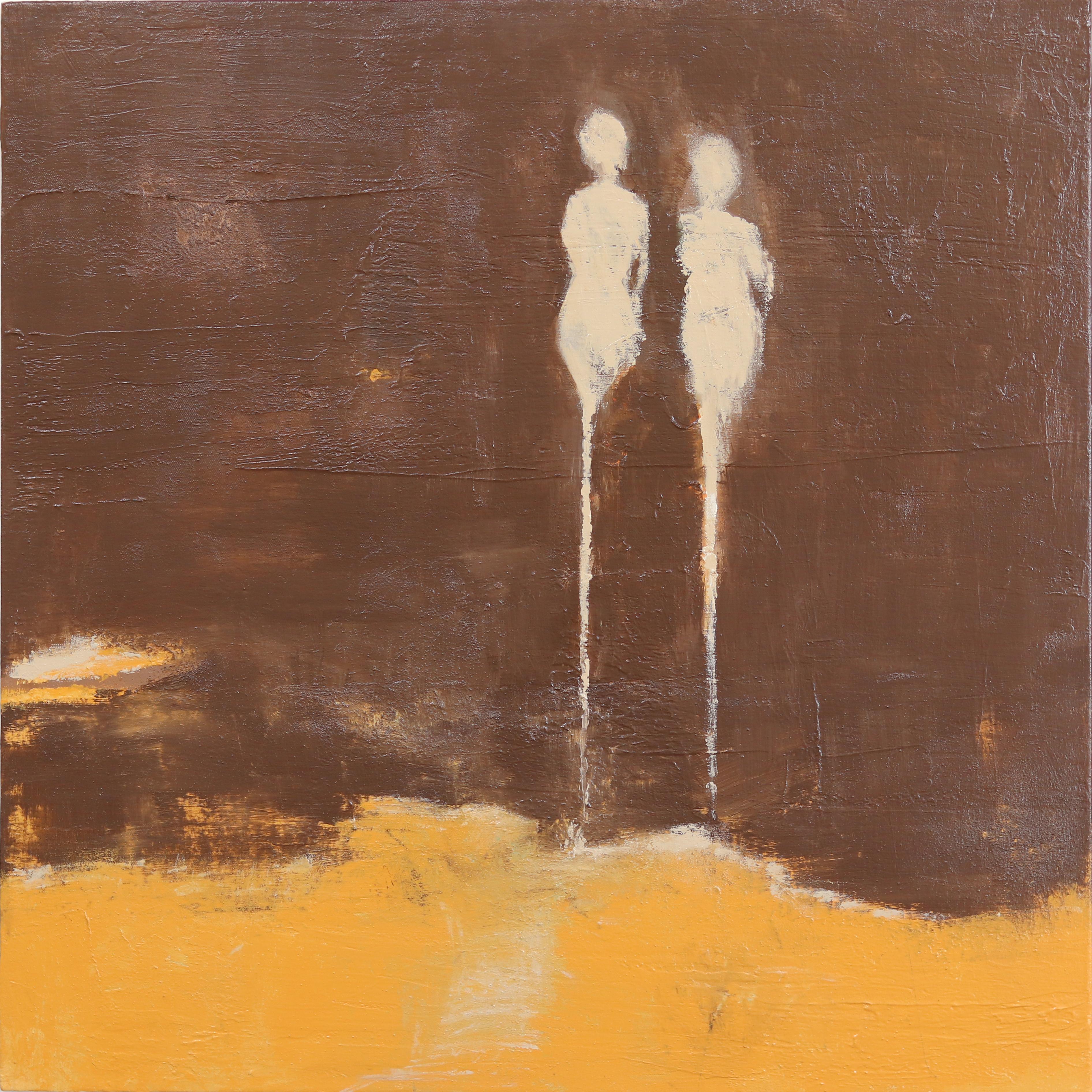 Amber Goldhammer Figurative Painting - Watching The World Carry On - Abstract Brown Tone Figurative Mixed Media Art