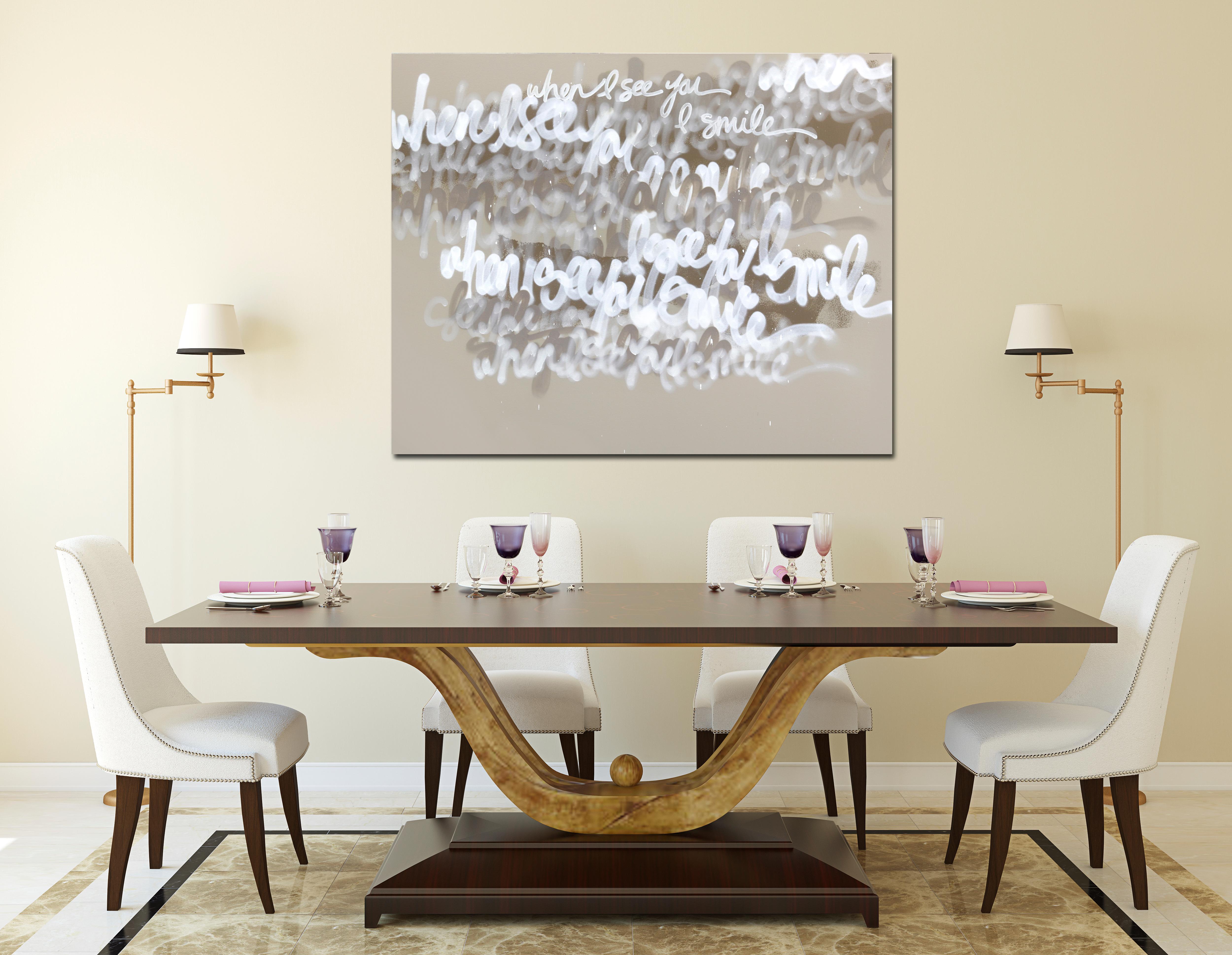 When I See One I Smile - Grande opera d'arte astratta graffiti originale in beige - Painting di Amber Goldhammer