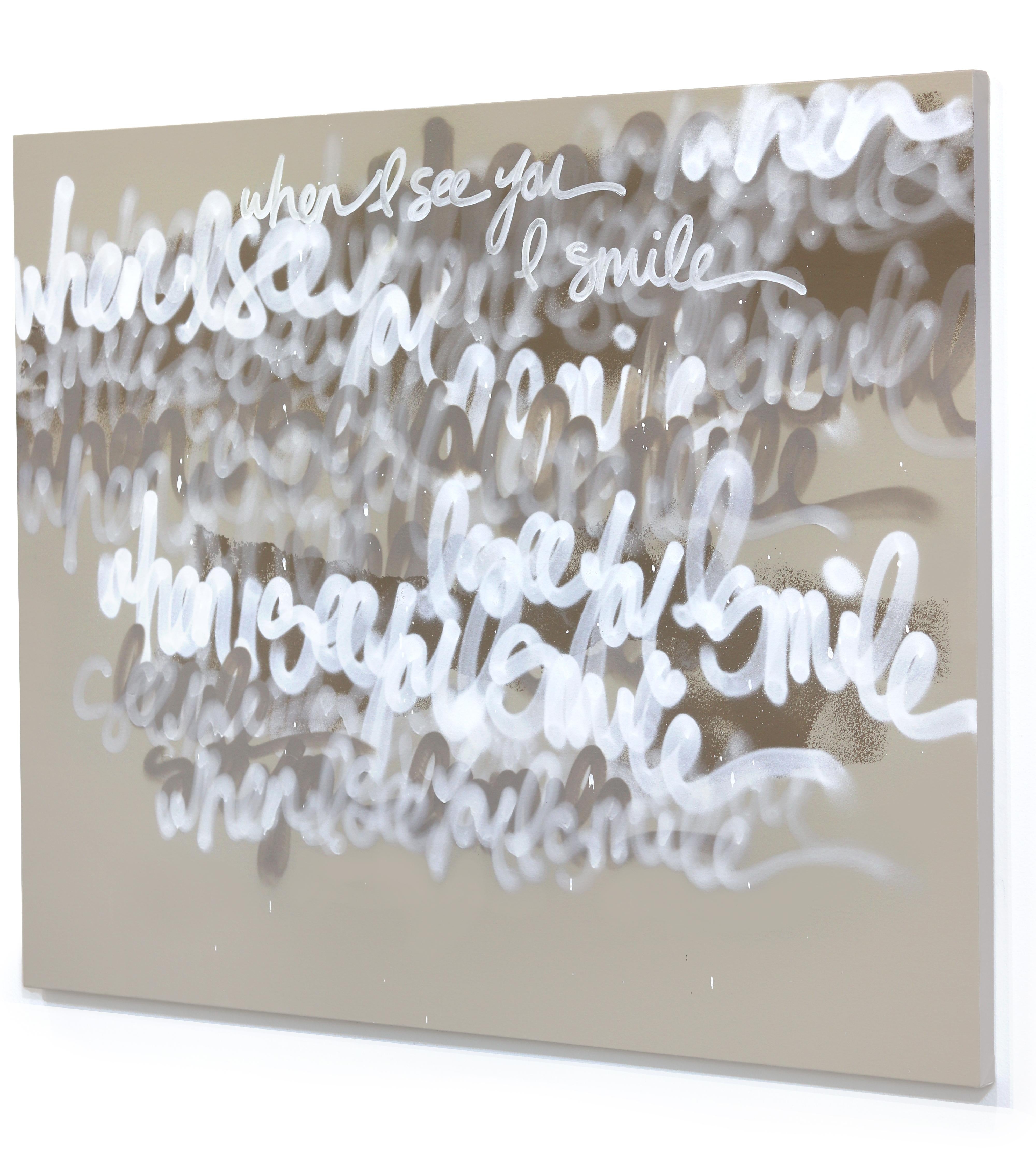 When I See One I Smile - Grande opera d'arte astratta graffiti originale in beige - Abstract Painting Beige di Amber Goldhammer