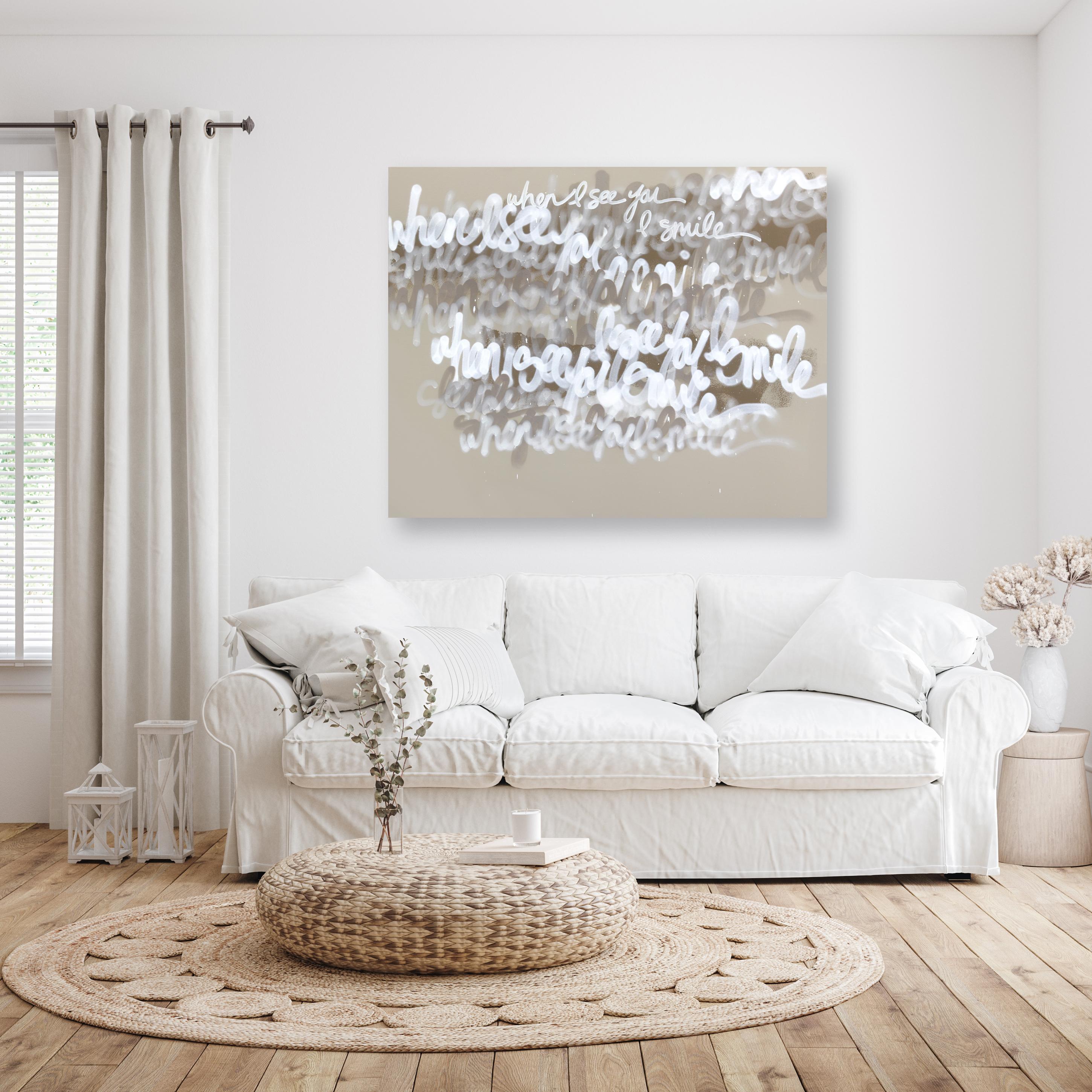 When I See One I Smile - Grande opera d'arte astratta graffiti originale in beige in vendita 1