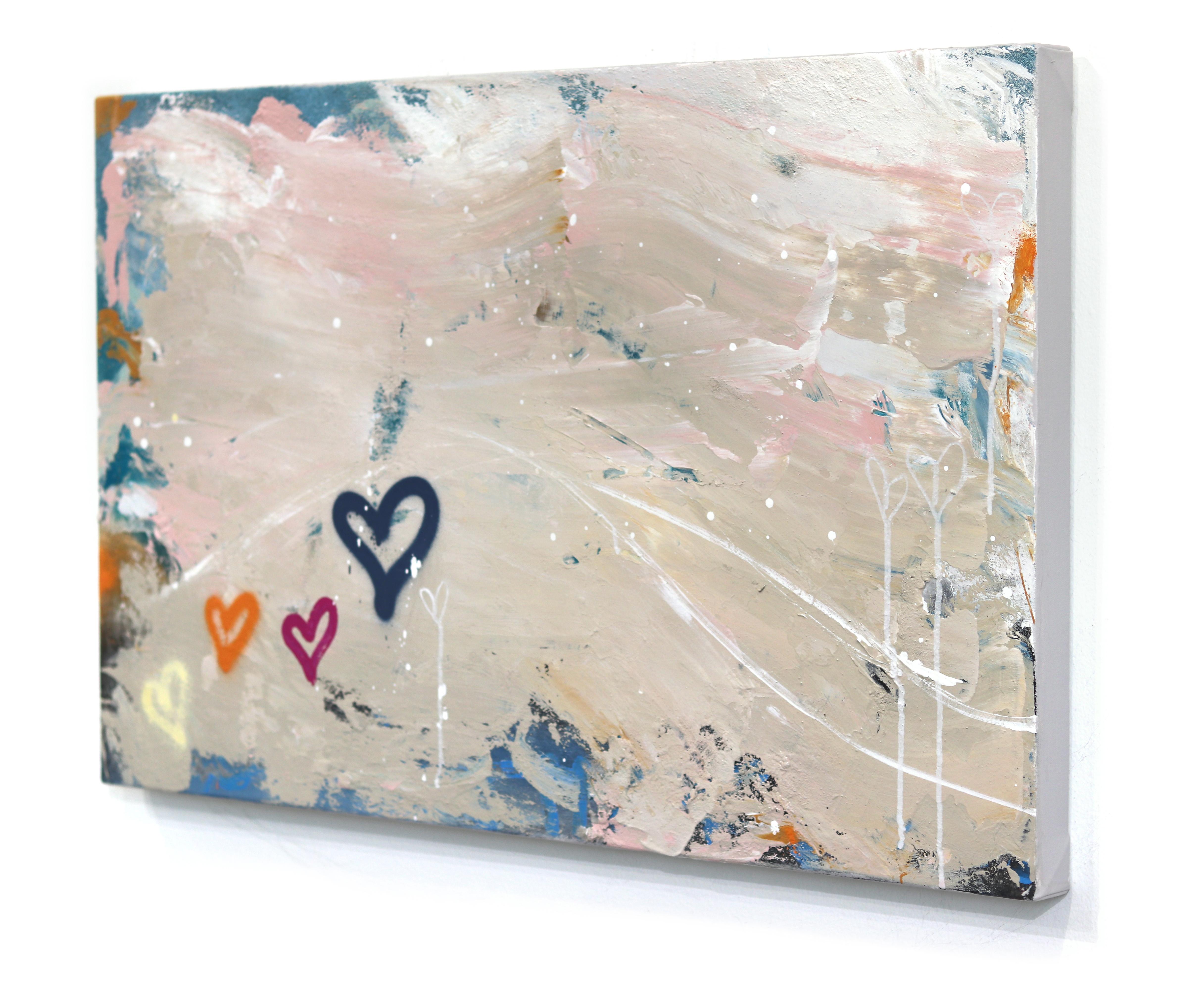 Whimsical Peak - Pittura astratta originale di street art con cuore - Abstract Painting Beige di Amber Goldhammer