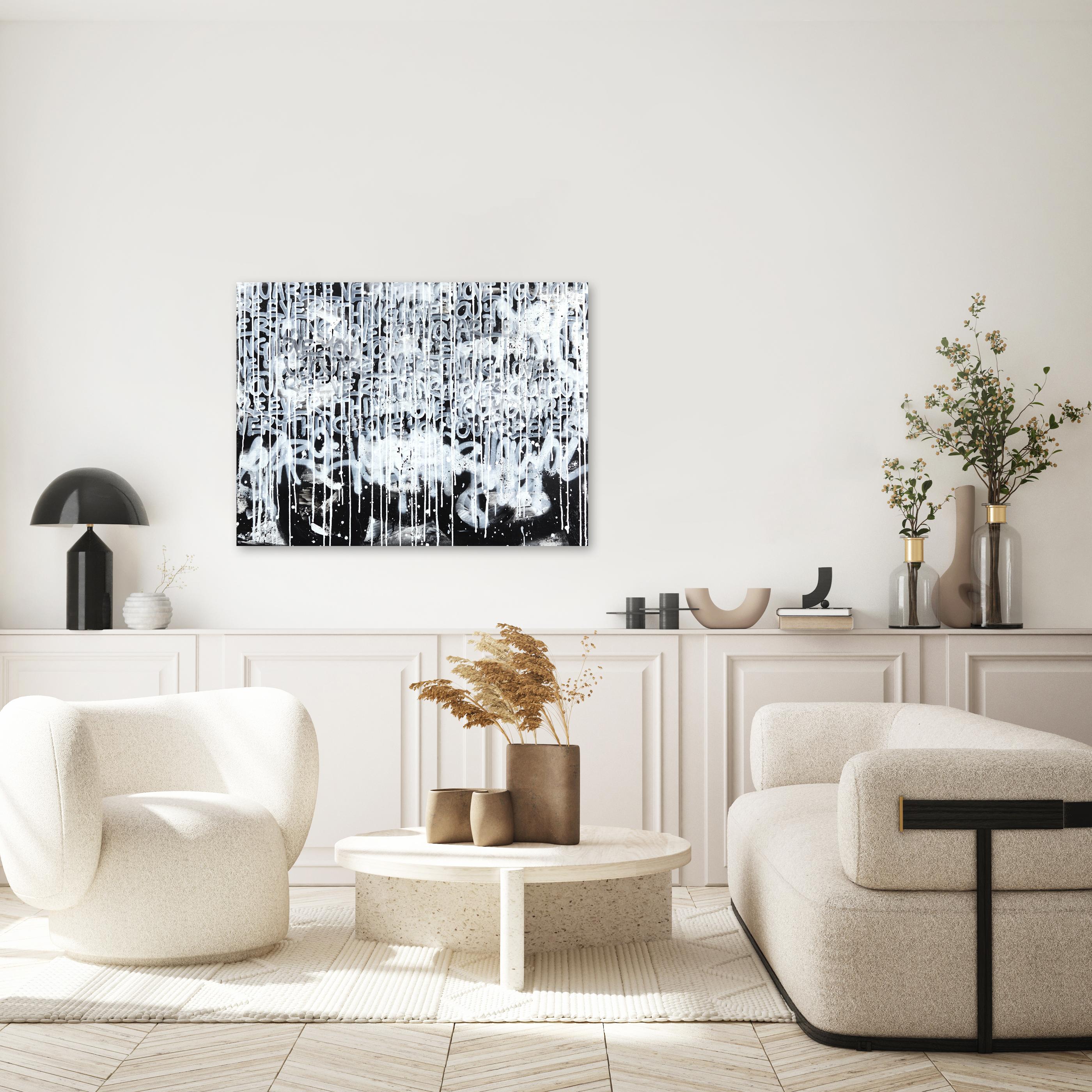 Tu sei tutto ciò che amo - Pittura originale con parole in bianco e nero in vendita 3