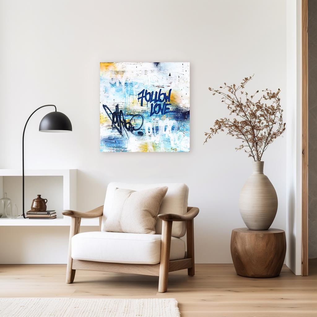 You Are The Journey - Abstrait Graffiti Pop Artwork bleu, blanc, jaune texturé - Painting de Amber Goldhammer