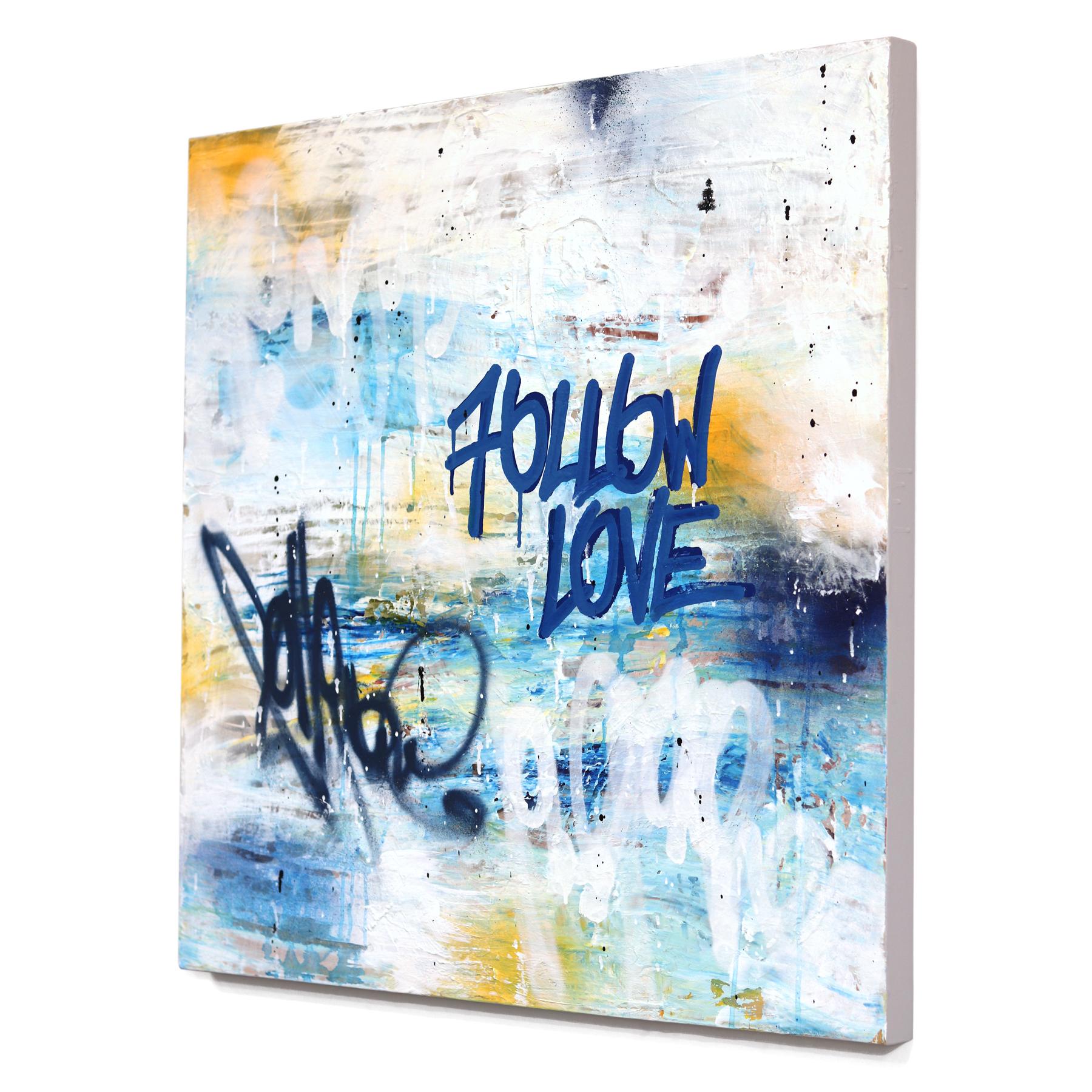 You Are The Journey - Abstrait Graffiti Pop Artwork bleu, blanc, jaune texturé - Gris Abstract Painting par Amber Goldhammer