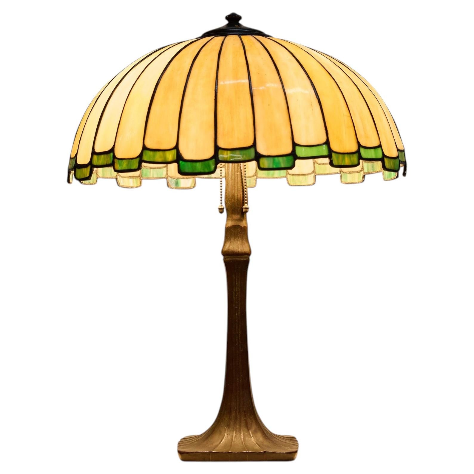 Amber & Green Slag Glass Table Lamp by Handel For Sale