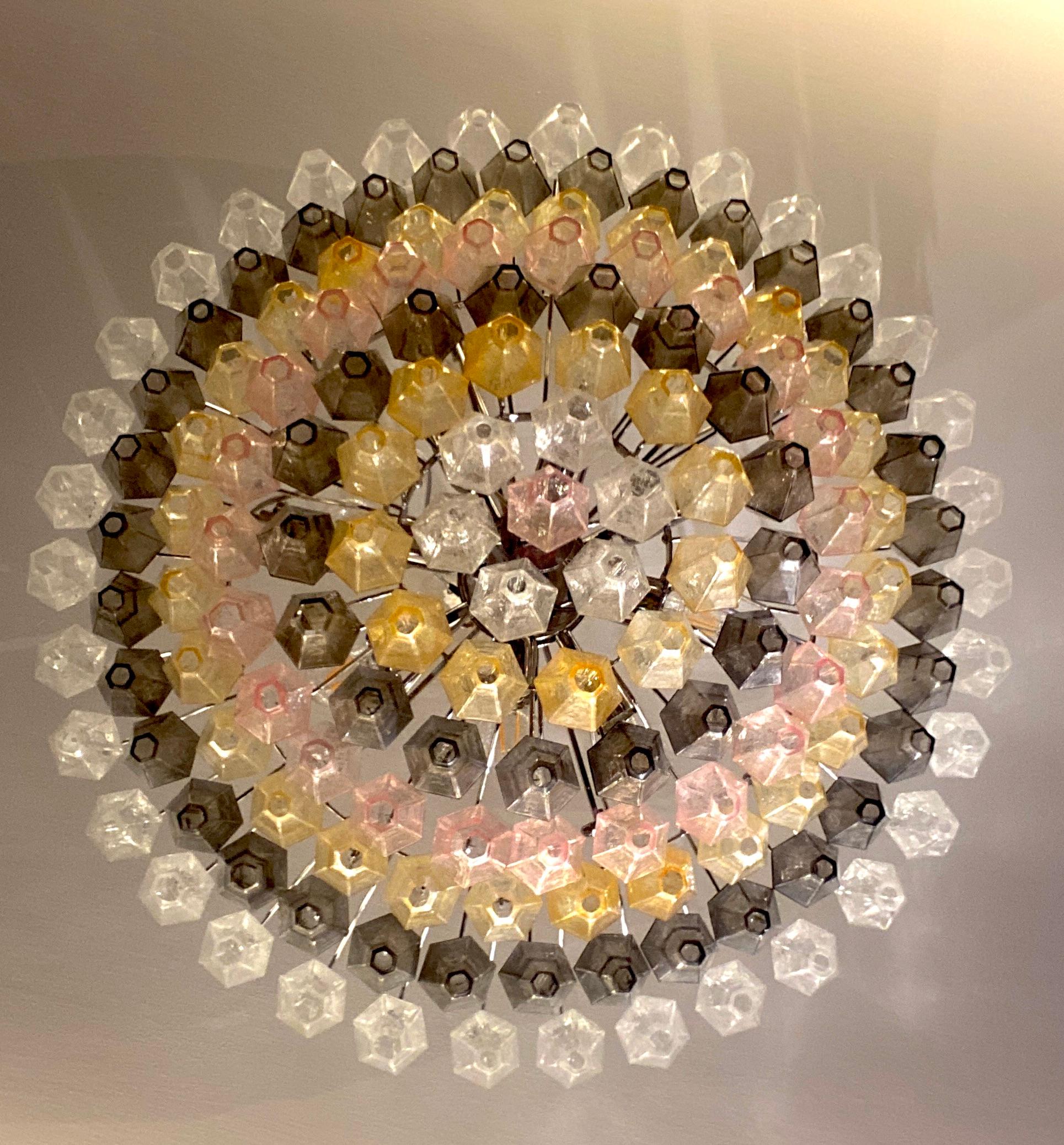 Ambre, gris et rose  Grand lustre ou plafonnier en verre de Murano Poliedri en vente 7