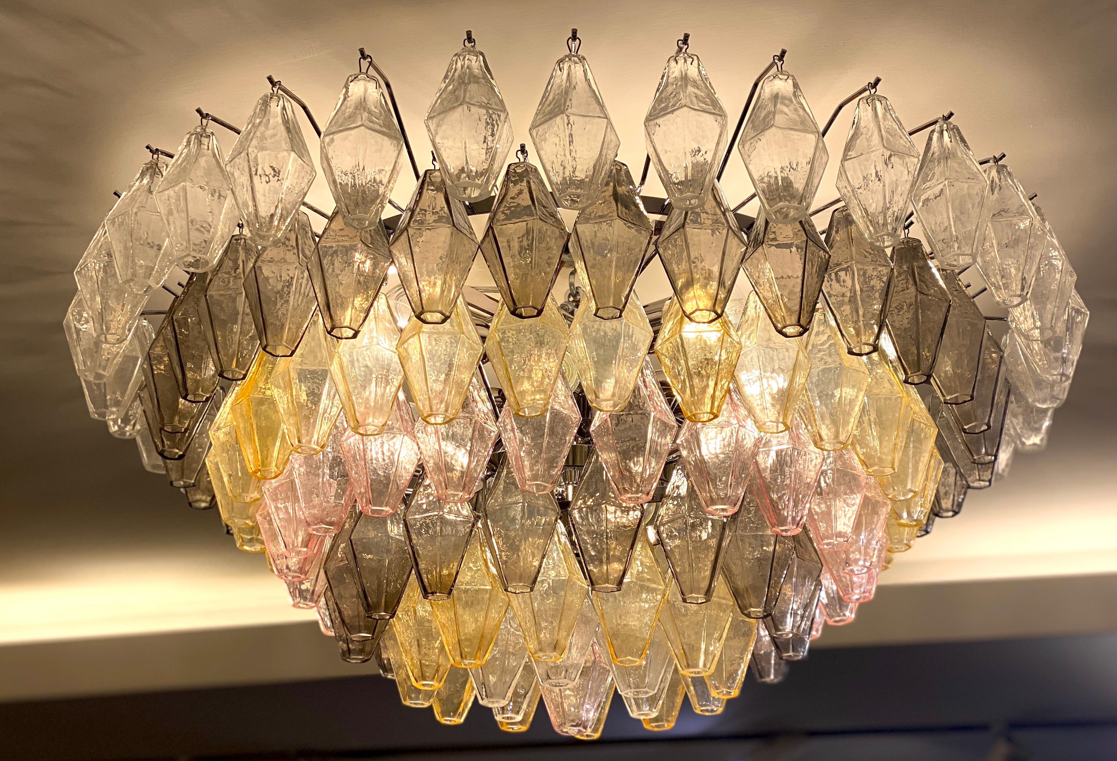 Verre Ambre, gris et rose  Grand lustre ou plafonnier en verre de Murano Poliedri en vente