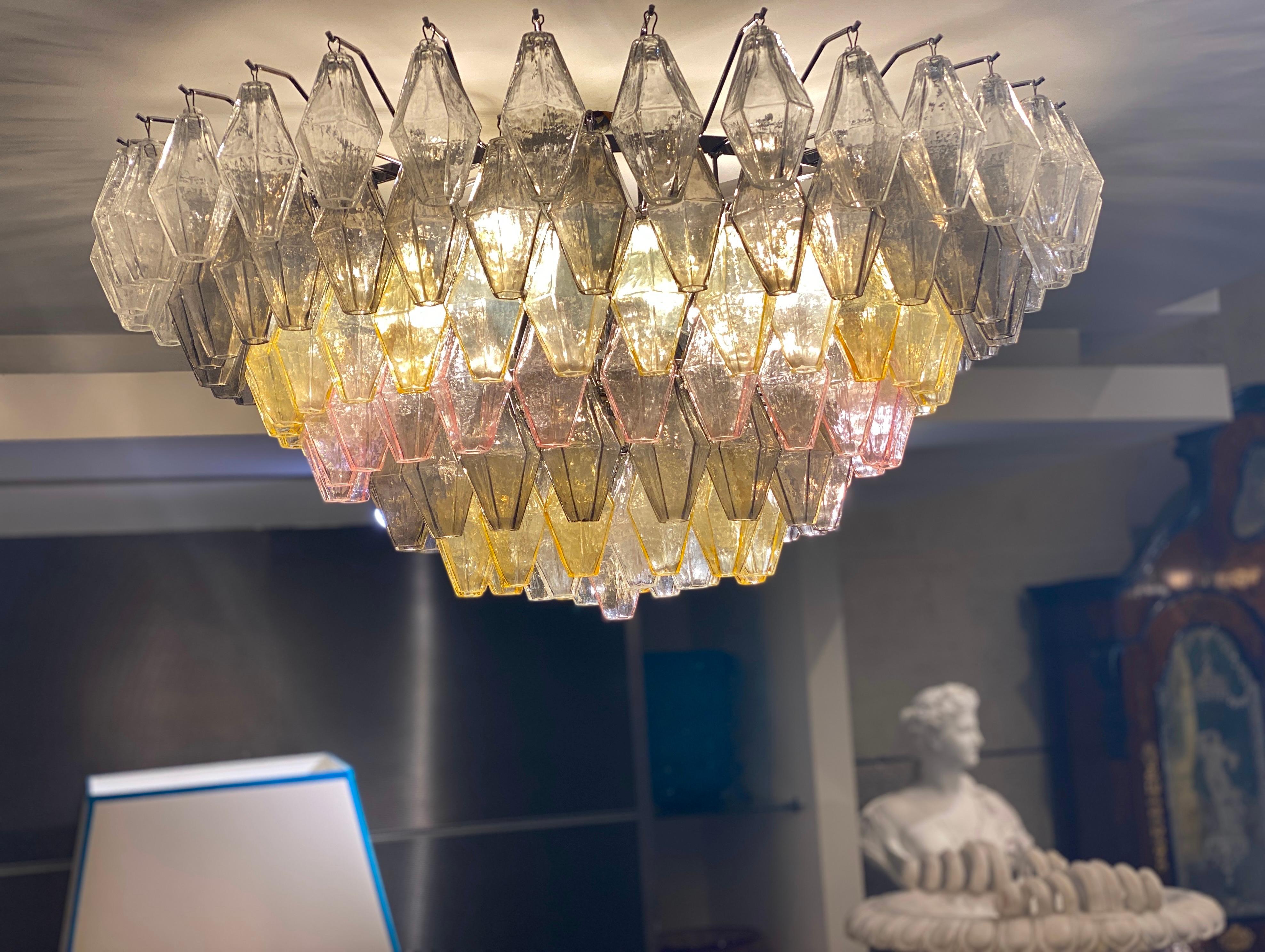 Ambre, gris et rose  Grand lustre ou plafonnier en verre de Murano Poliedri en vente 2