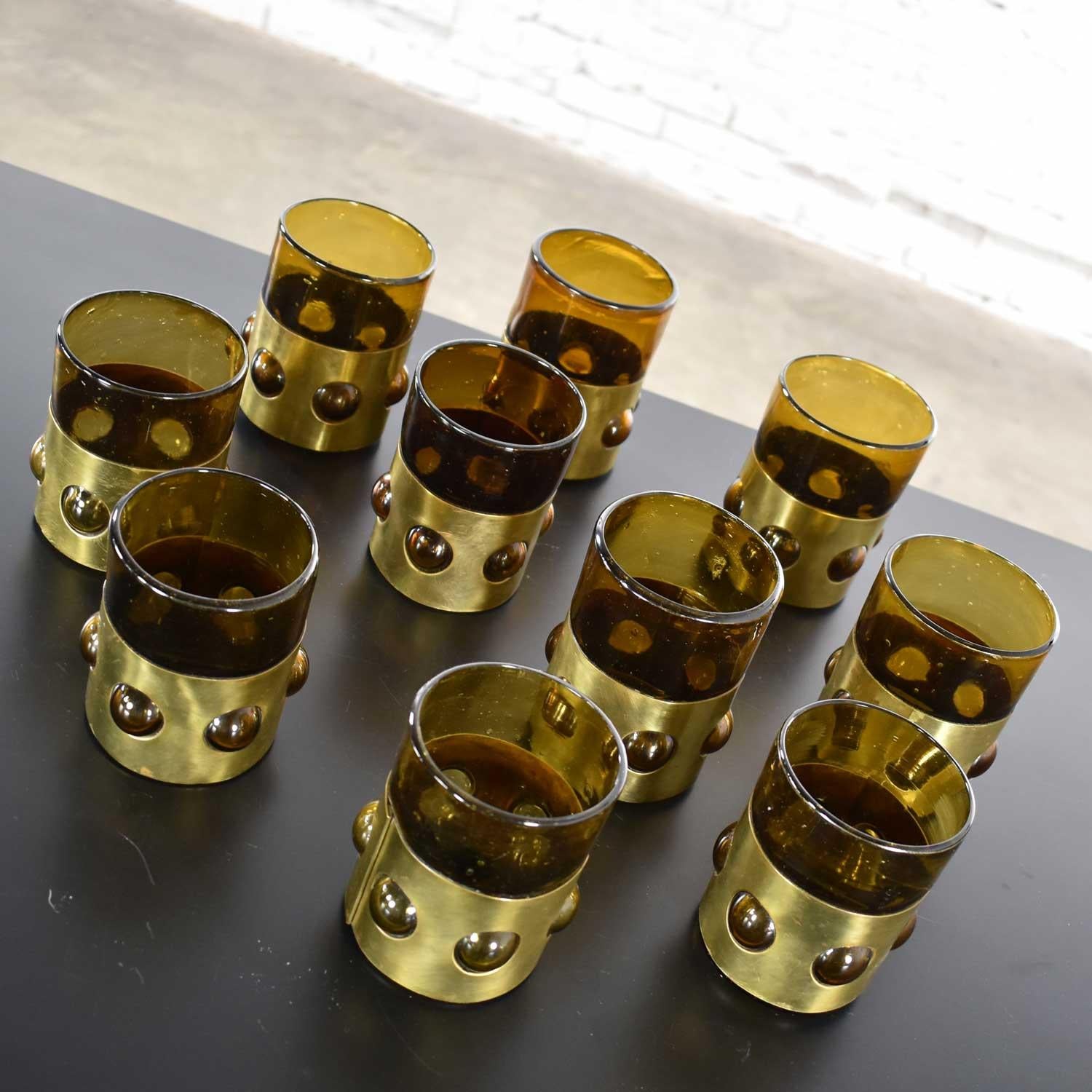 Brass Amber Imprisoned Mexican Glass Brutalist Modern Tumblers by Filipe Derflingher