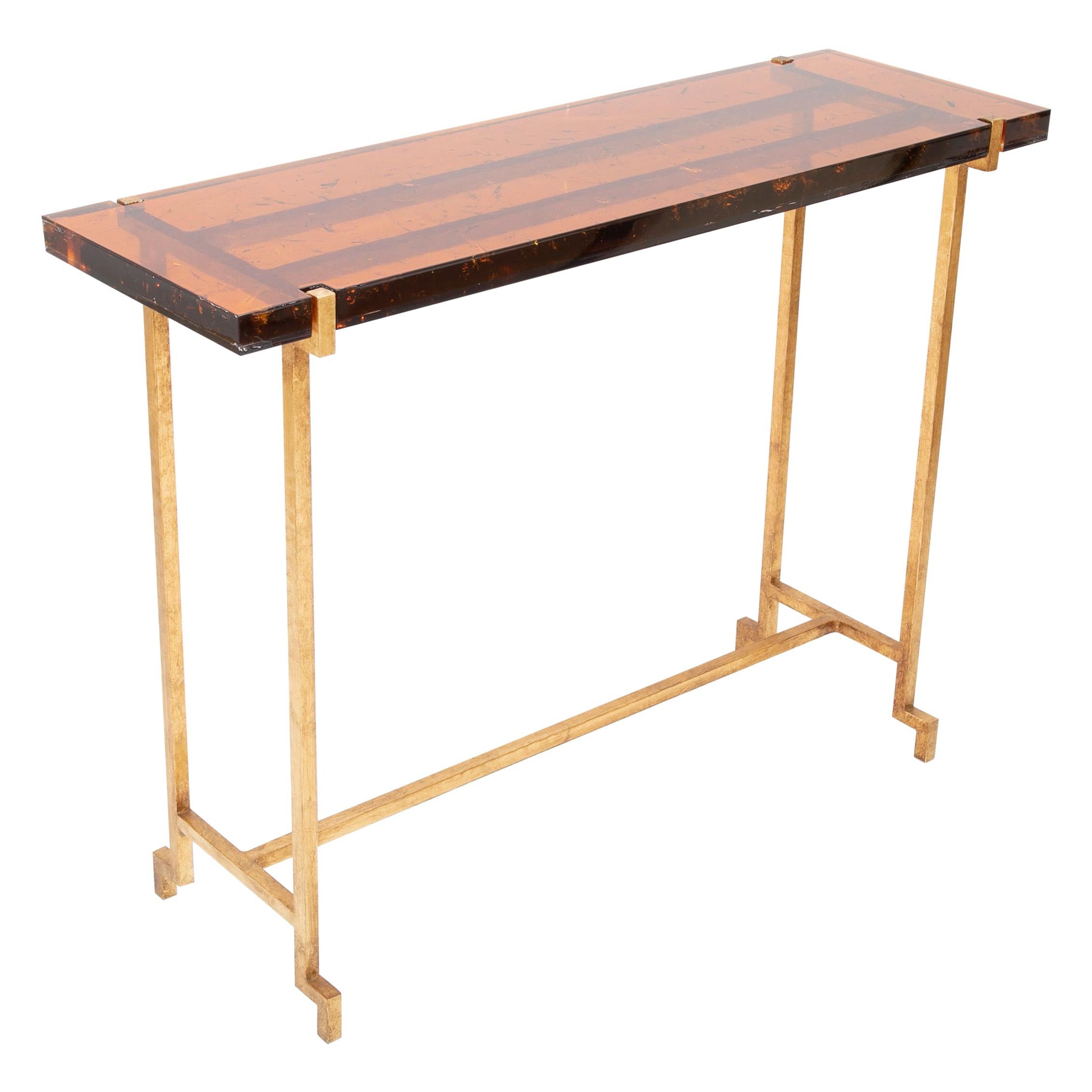 Amber Lucite and Gilt Steel Console Table