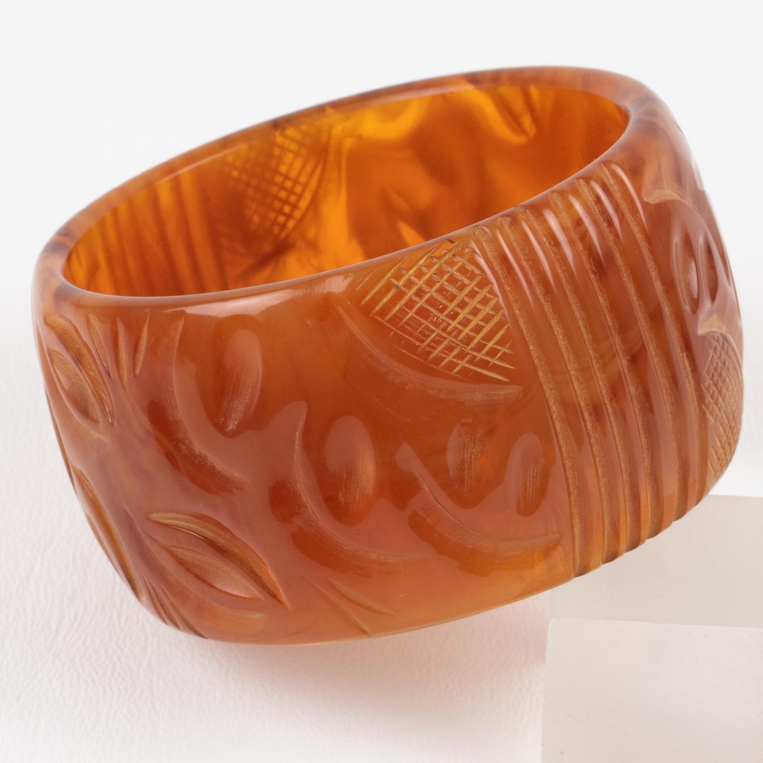 Women's Milky Amber Bakelite Bracelet Bangle with Carving For Sale