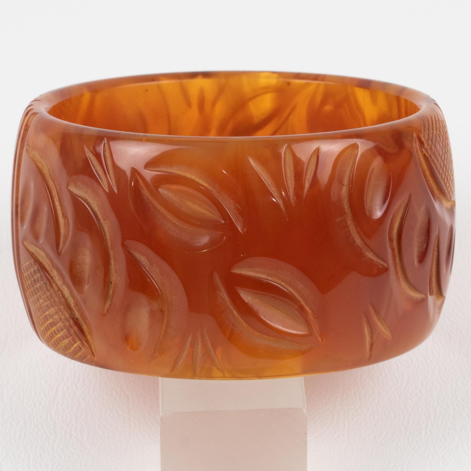 Milky Amber Bakelite Bracelet Bangle with Carving For Sale 2
