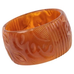 Milky Amber Bakelite Bracelet Bangle with Carving