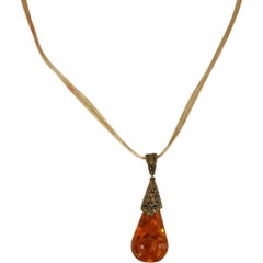 Amber Marcasite Sterling Silver Teardrop Pendant Necklace, 1990s