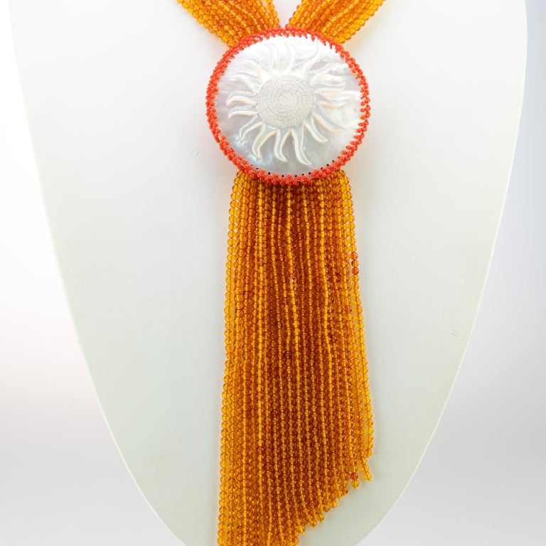 Amber Mother of Pearl Carved Sun Pendant 925 Golden Silver Multi Strand Necklace For Sale at