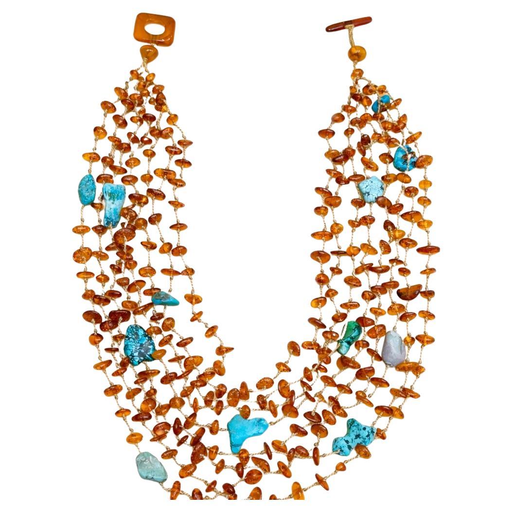 Collana a più fili in ambra naturale e turchese, 17,5 in