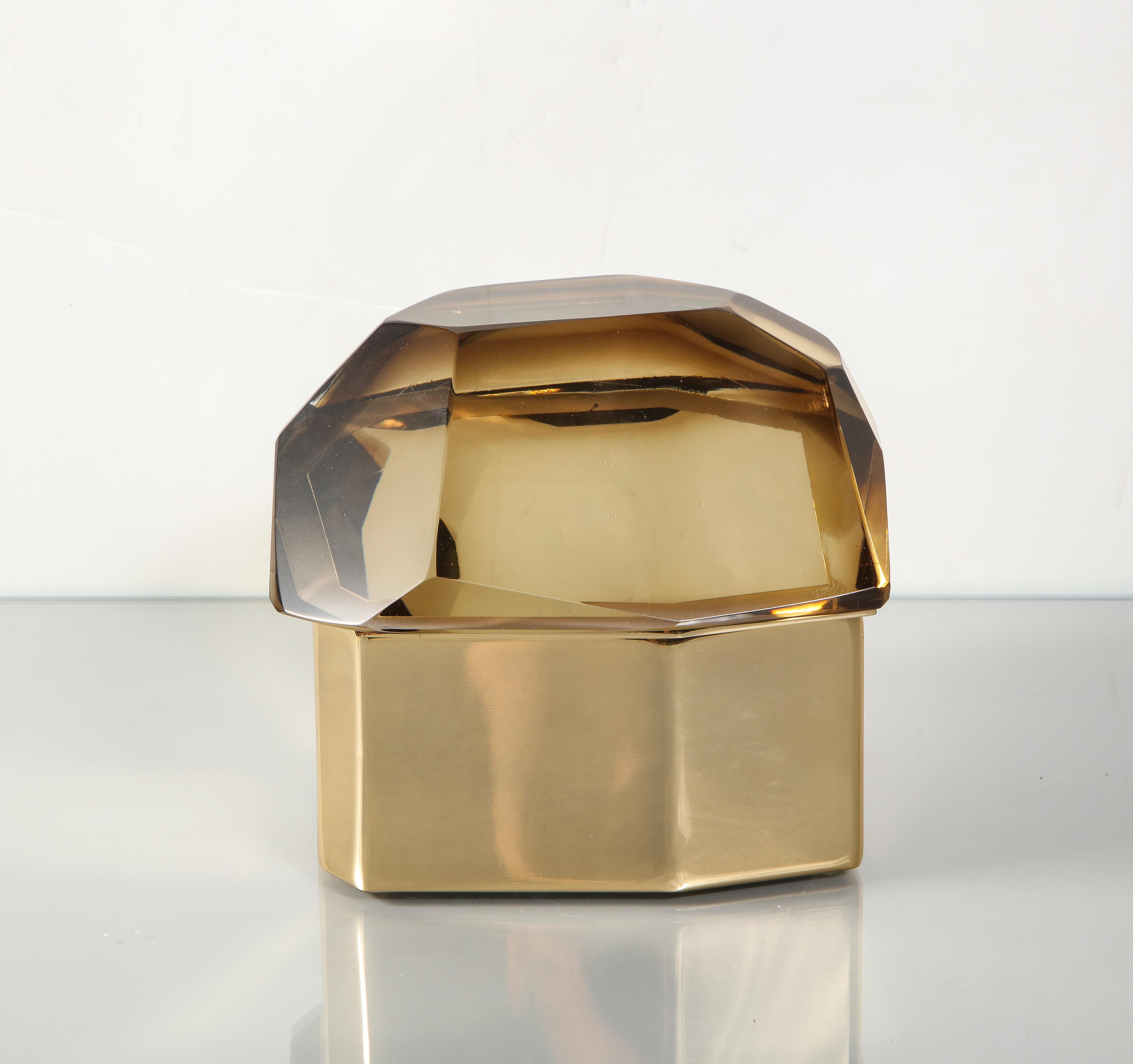 Italian Amber Murano Glass and Polished Brass Gemstone Treasure Box For Sale