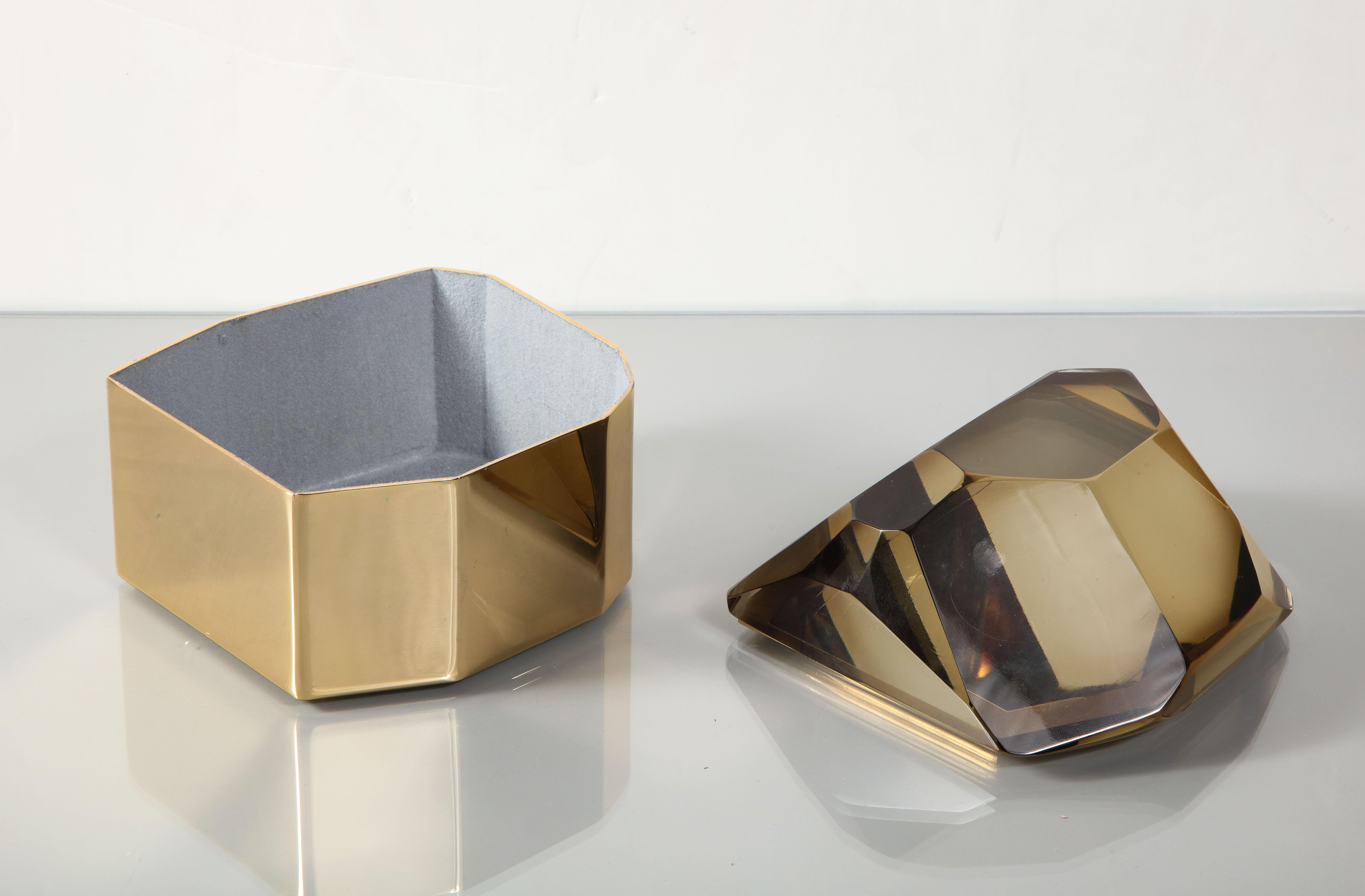Amber Murano Glass and Polished Brass Gemstone Treasure Box For Sale 1