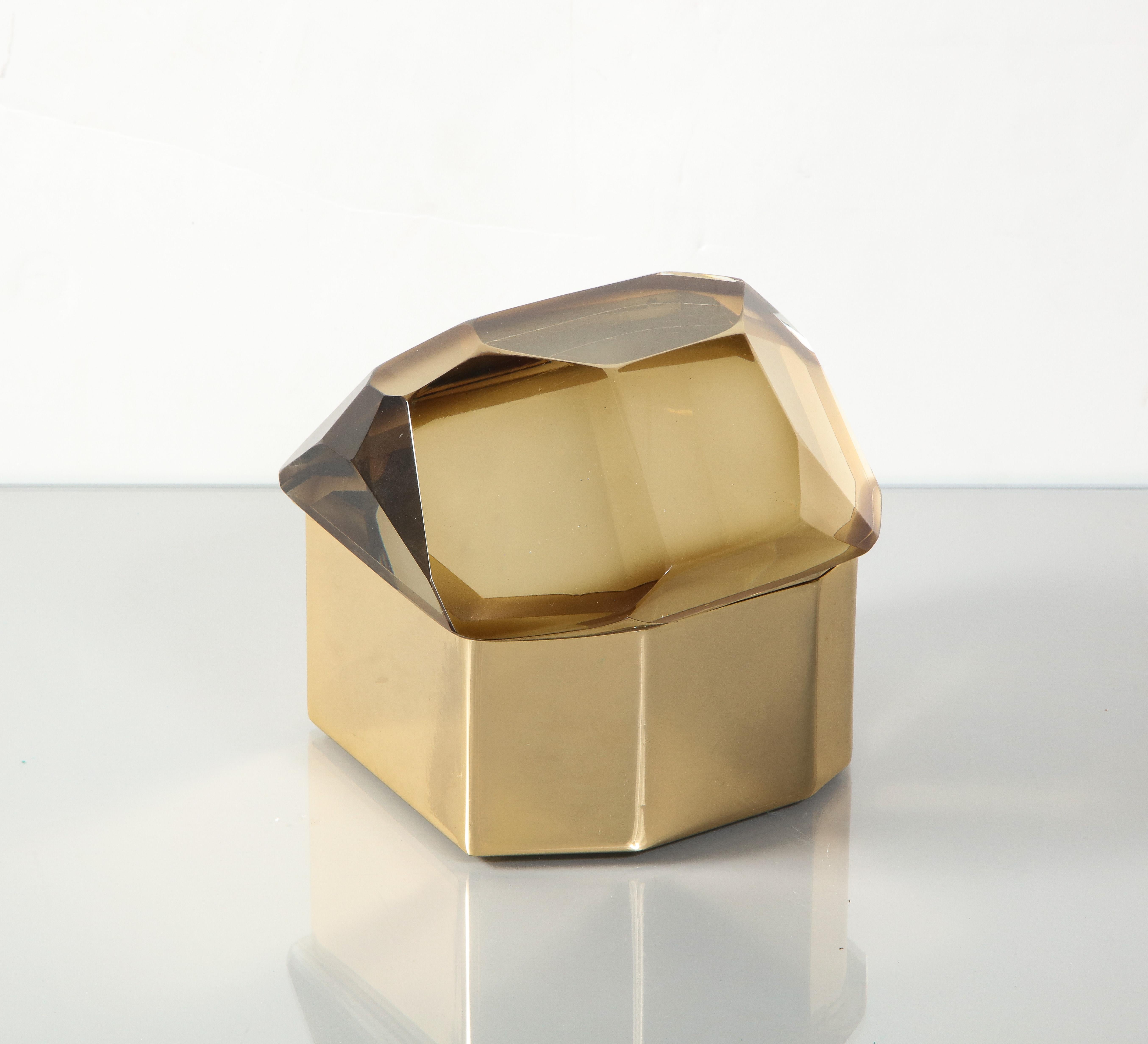 Amber Murano Glass and Polished Brass Gemstone Treasure Box For Sale 2