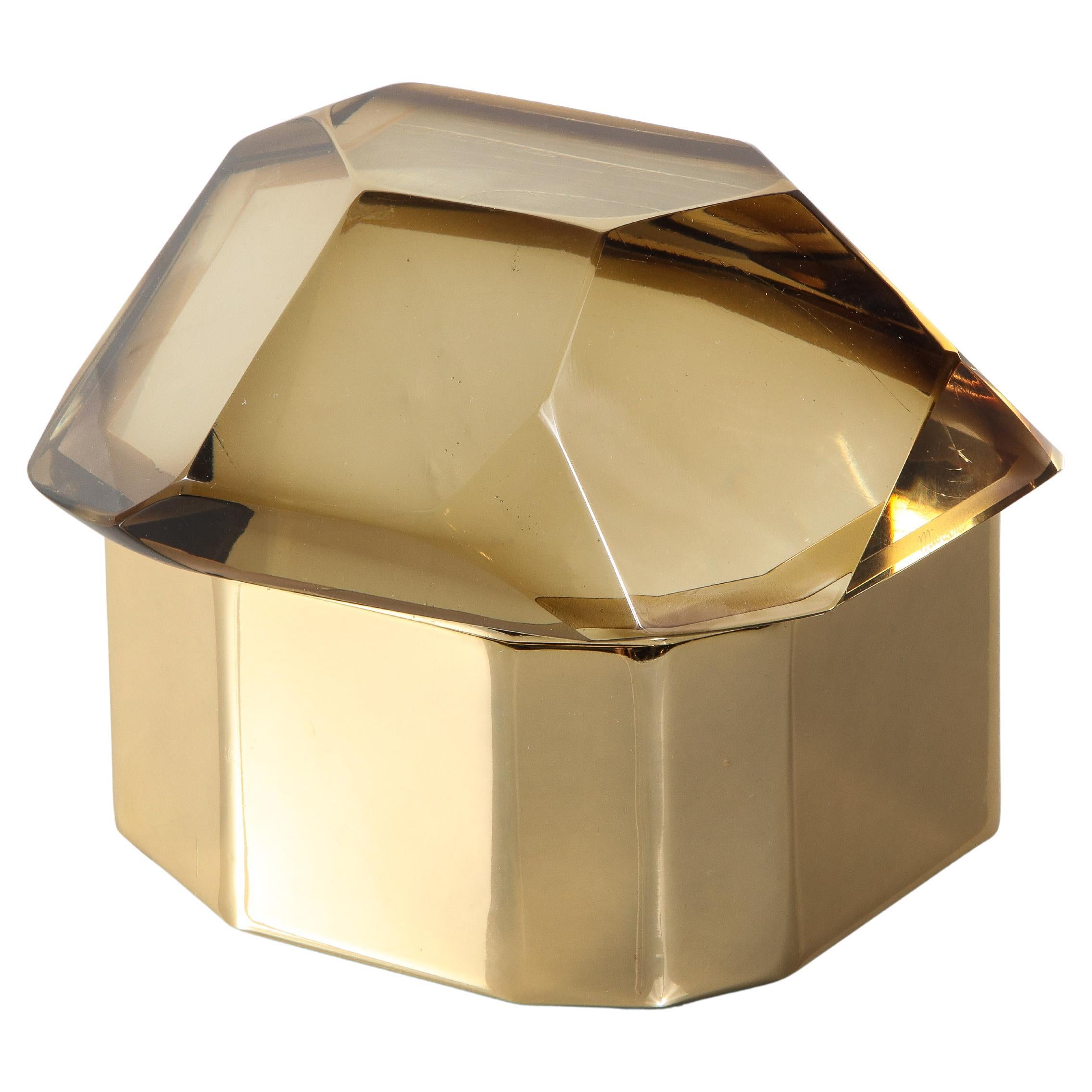 Boîte à trésors en verre de Murano ambré et laiton poli avec pierres précieuses