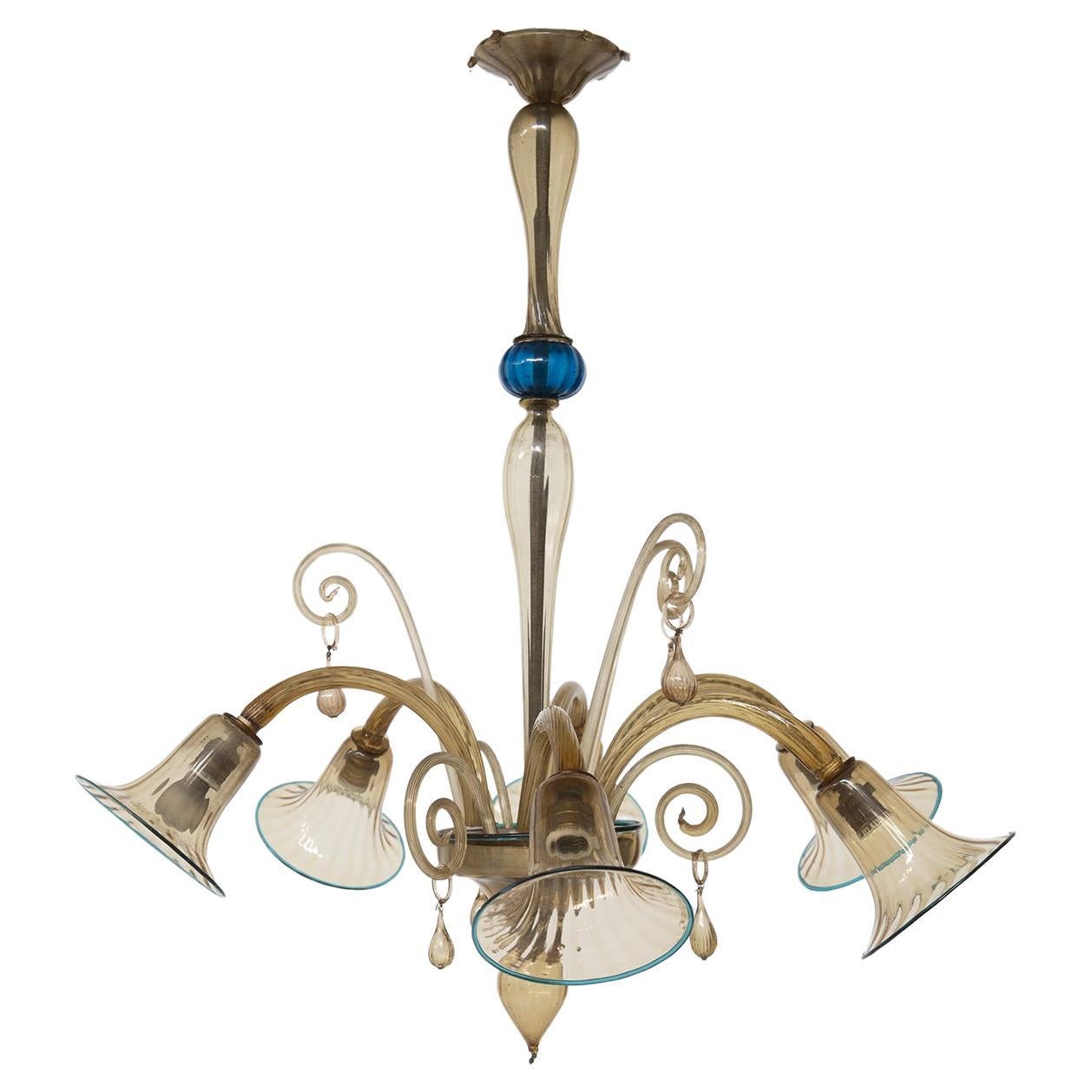 Amber Murano Glass Chandelier with Blue Edges by Cappellin