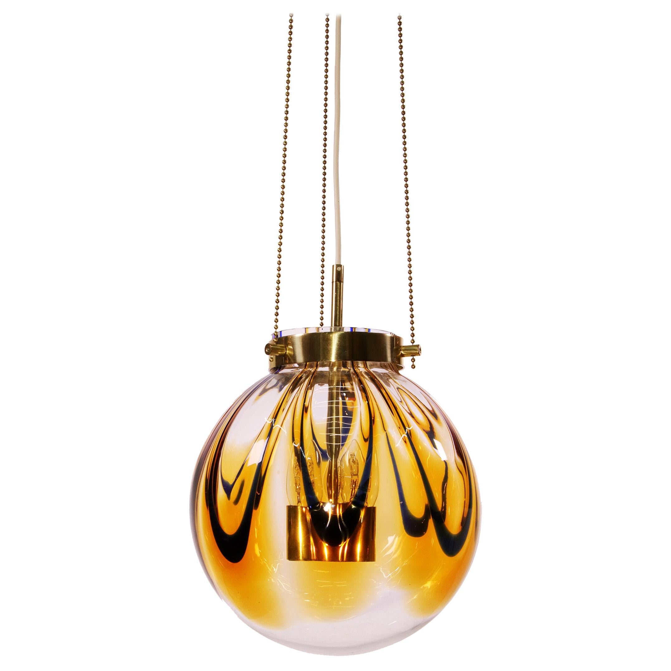 1960 Germany Kaiser Pendant Light Amber Murano Glass & Gilt-Brass