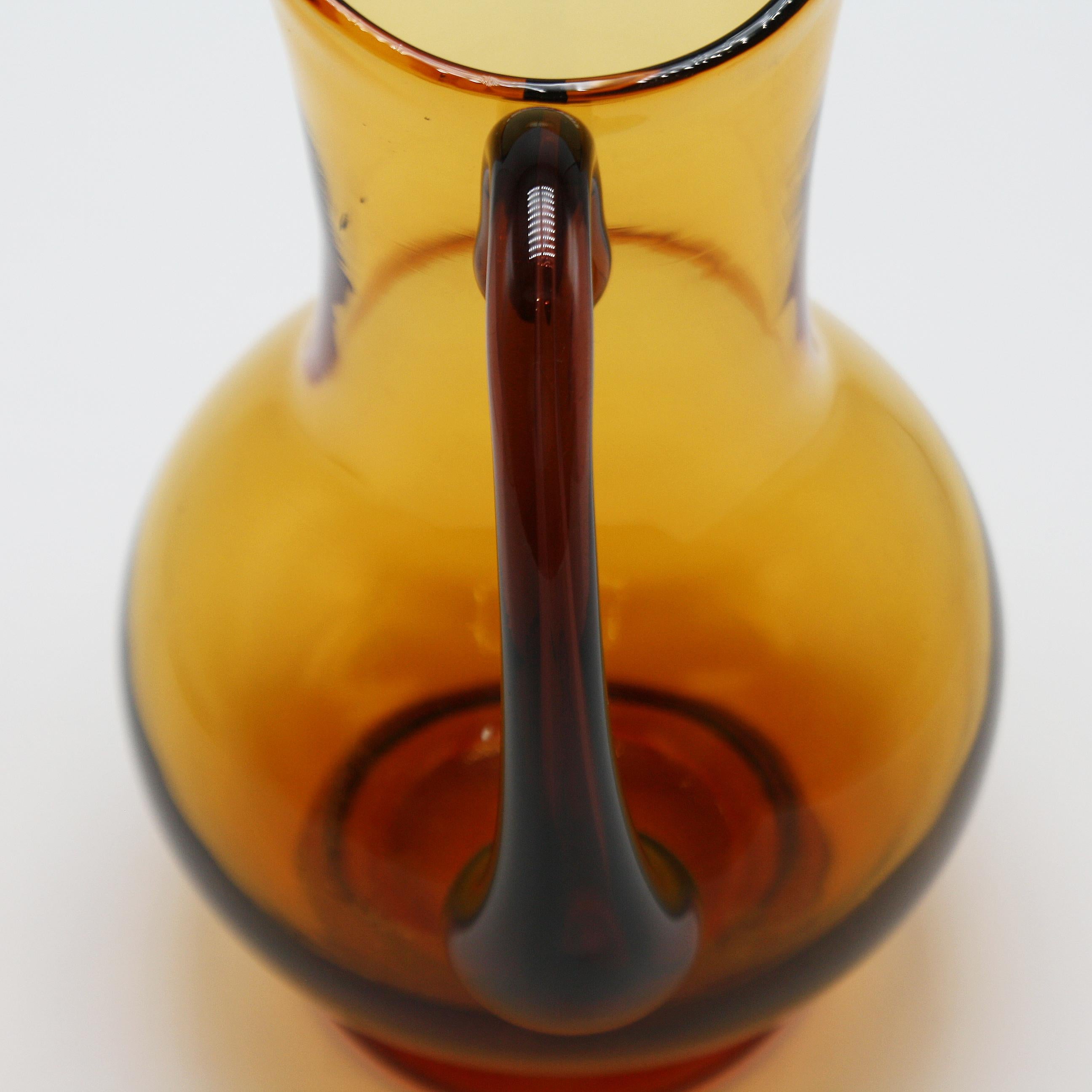 Amber Murano Glass Pitcher with Amethyst Handle, circa 1940 In Good Condition In Dallas, TX