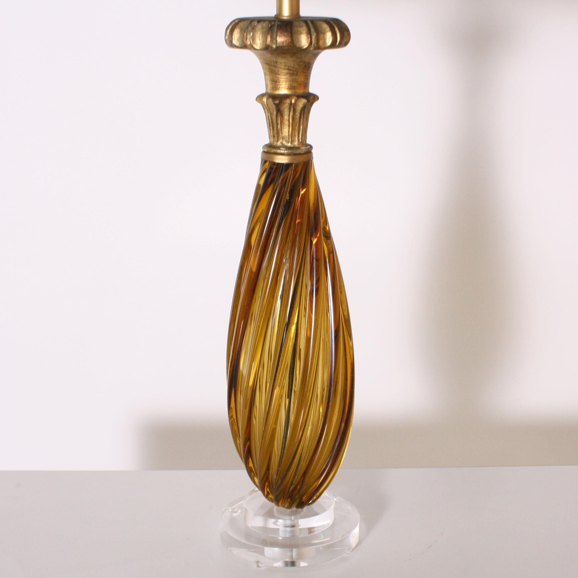 Amber Murano lamp, circa 1950

Custom linen shade, crystal ball finial, Lucite base, gold twisted cording.