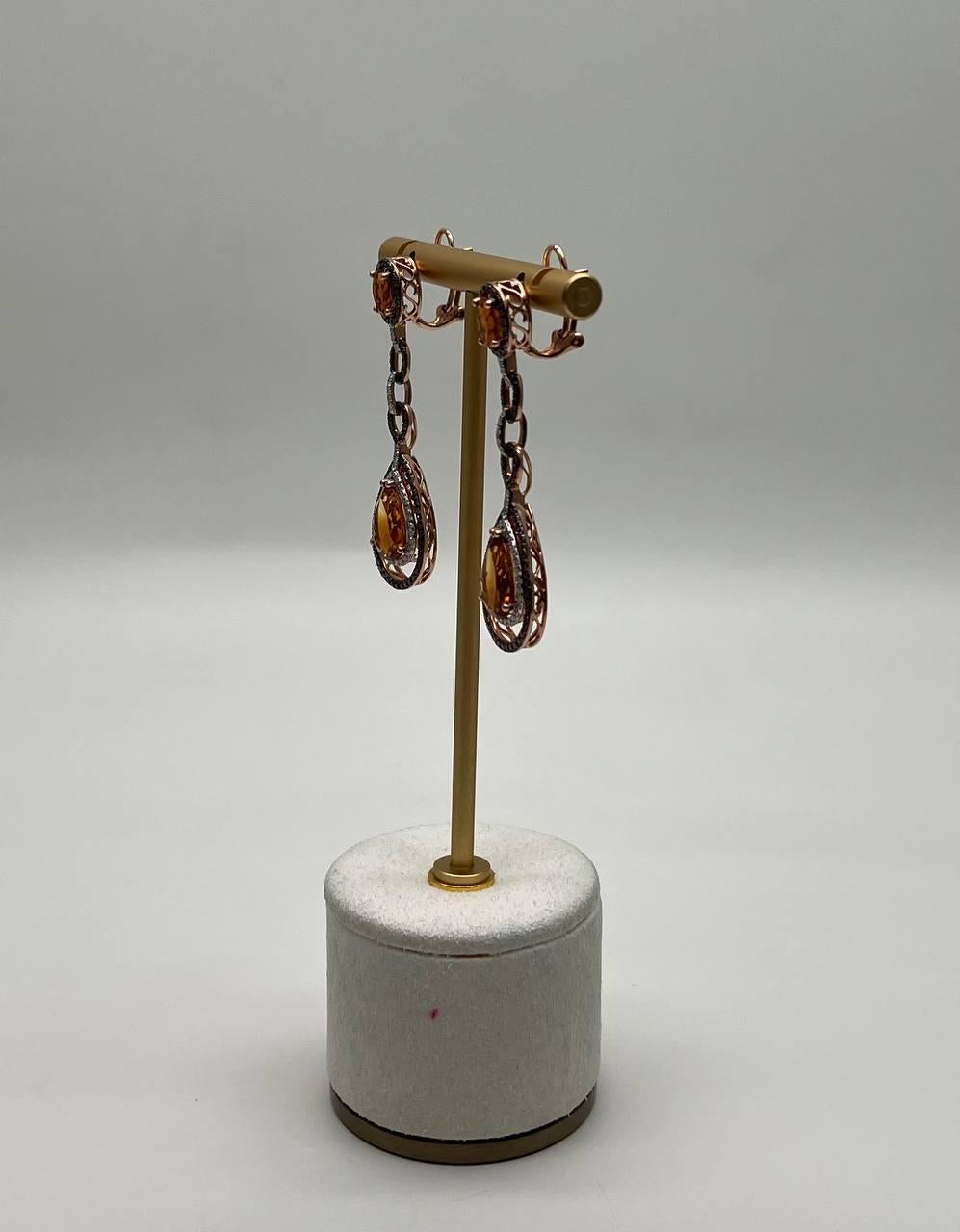 Mixed Cut Amber Orange Citrine & Brown White Diamonds Halo Rose Gold Statement Earrings For Sale