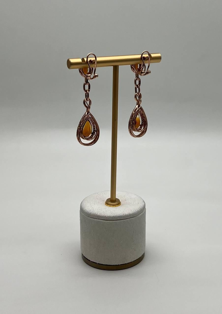Amber Orange Citrine & Brown White Diamonds Halo Rose Gold Statement Earrings In New Condition For Sale In Oakton, VA