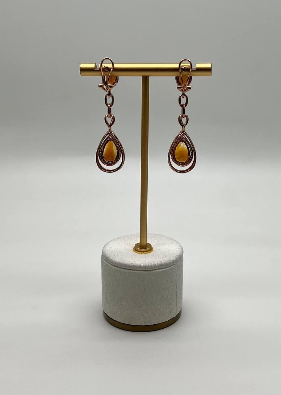 Women's Amber Orange Citrine & Brown White Diamonds Halo Rose Gold Statement Earrings For Sale