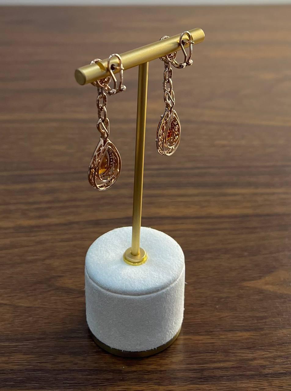 Amber Orange Citrine & Brown White Diamonds Halo Rose Gold Statement Earrings For Sale 2