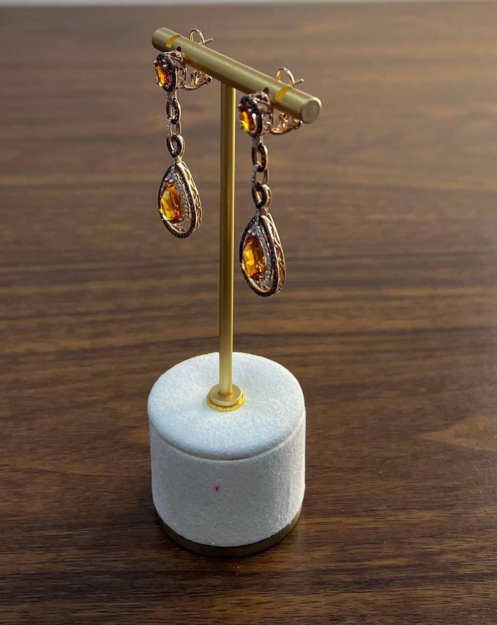 Amber Orange Citrine & Brown White Diamonds Halo Rose Gold Statement Earrings For Sale 3