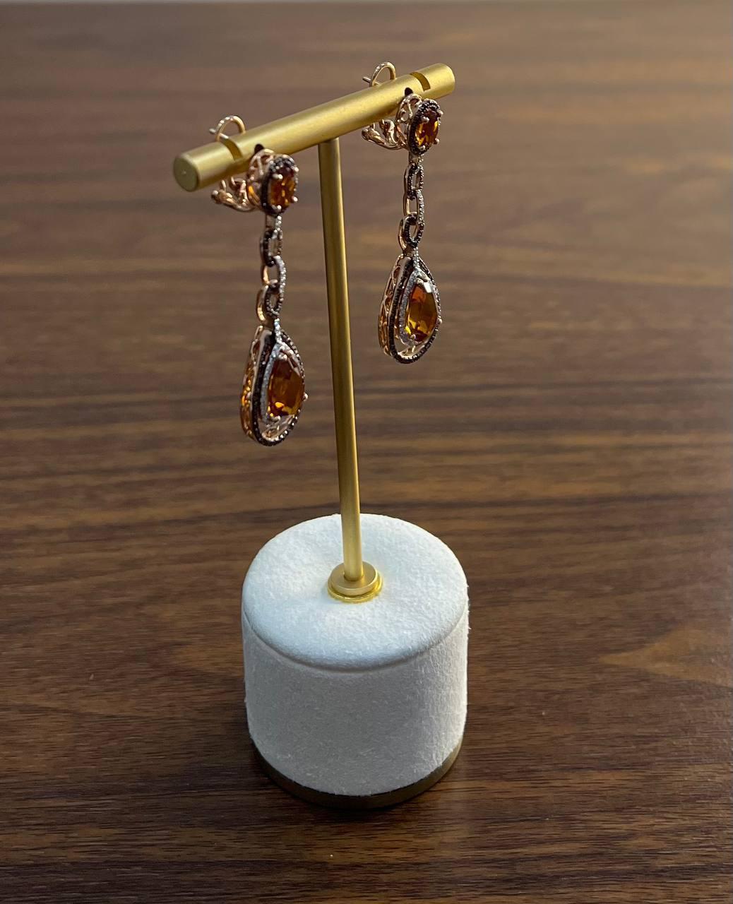 Amber Orange Citrine & Brown White Diamonds Halo Rose Gold Statement Earrings For Sale 4