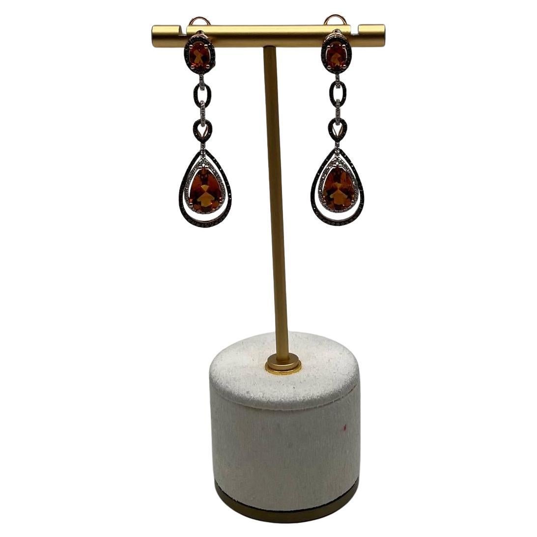 Amber Orange Citrine & Brown White Diamonds Halo Rose Gold Statement Earrings