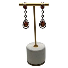 Amber Orange Citrine & Brown White Diamonds Halo Rose Gold Statement Earrings
