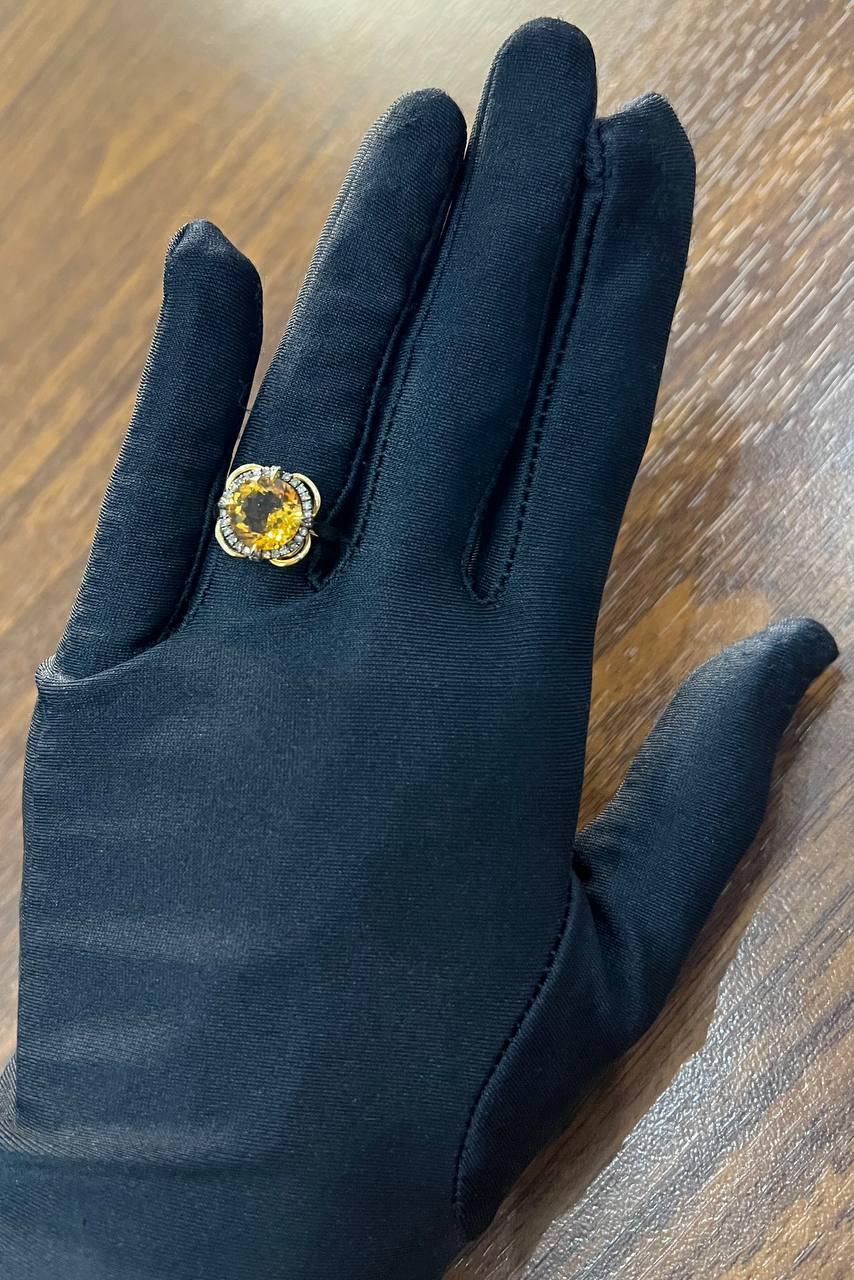 Amber Orange Citrine Diamond Pave Set Flower Floral 14K Yellow Gold Ring For Sale 2